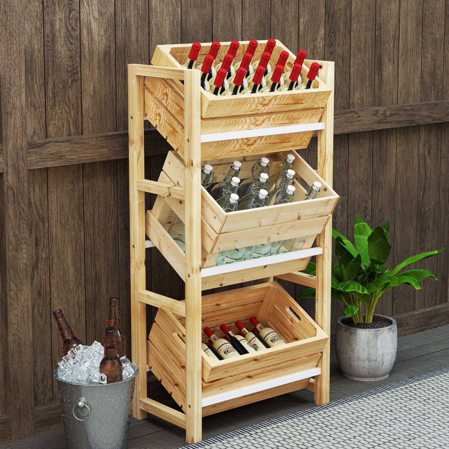 Volně stojící dřevěný box, pojme 3 přepravky, nosnost 150 kg