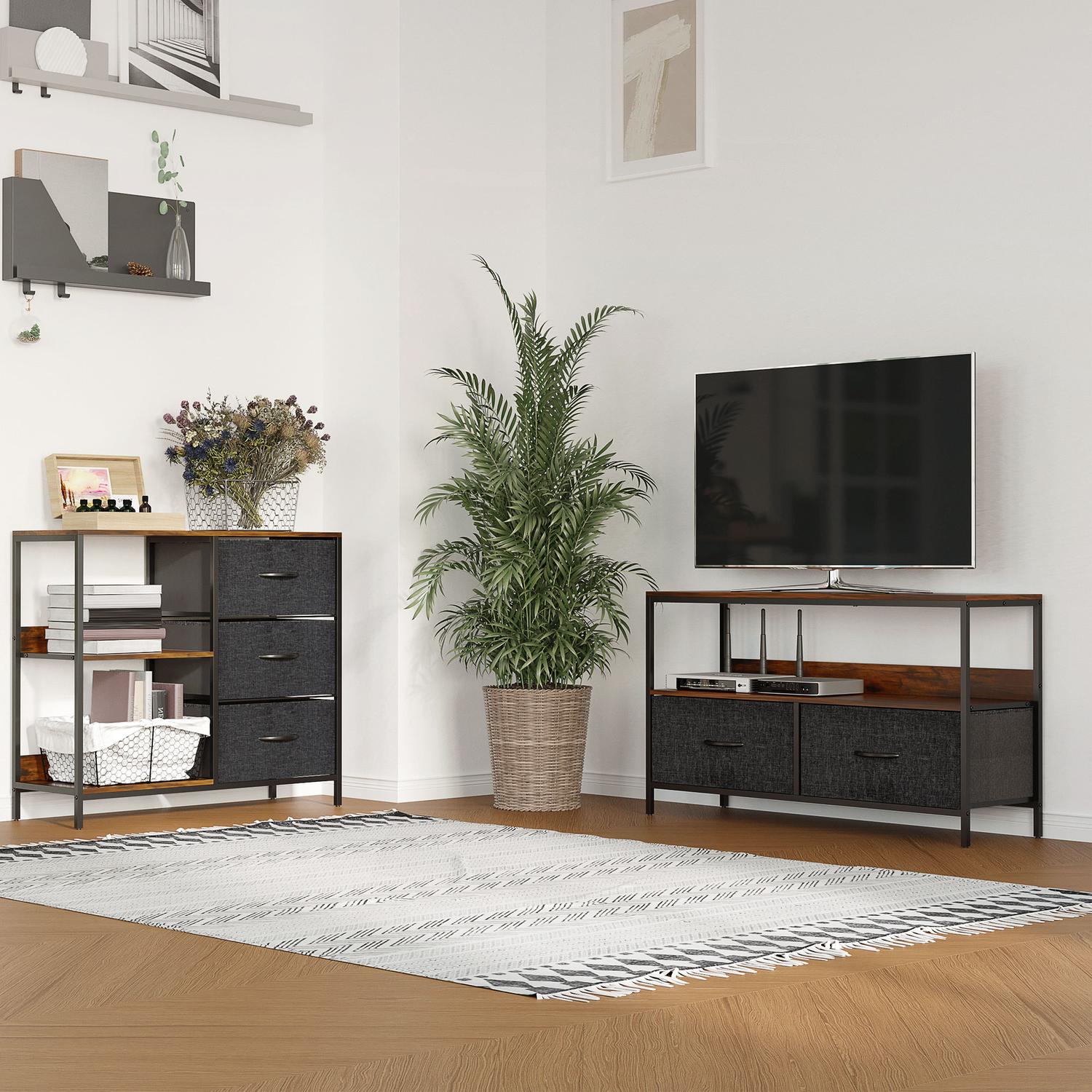 Úložná komoda s látkovými zásuvkami – 3 zásuvky, kovový rám, hnědá