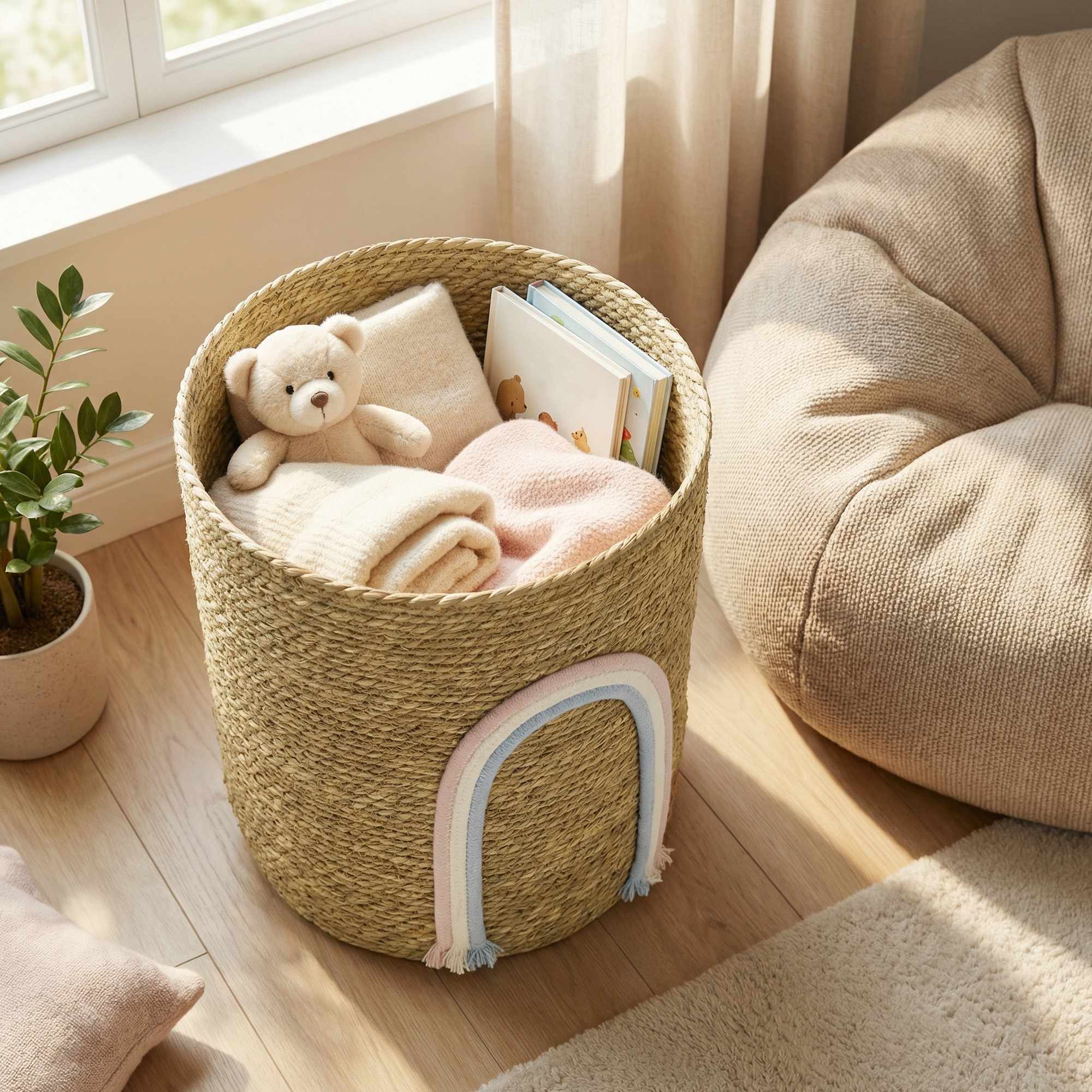 Förvaringskorg i sjögräs, 24,7 l, regnbågsdesign