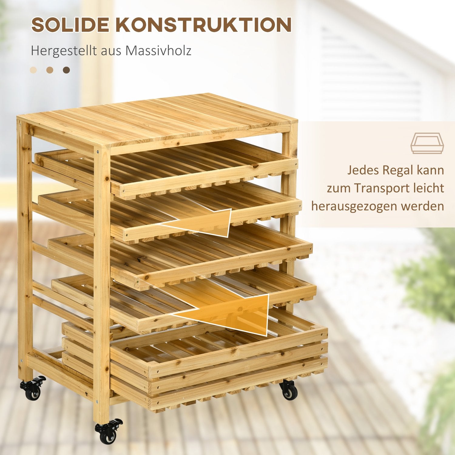 Förvaringsvagn för frukt och grönsaker med hjul, 5 hyllor, granträ