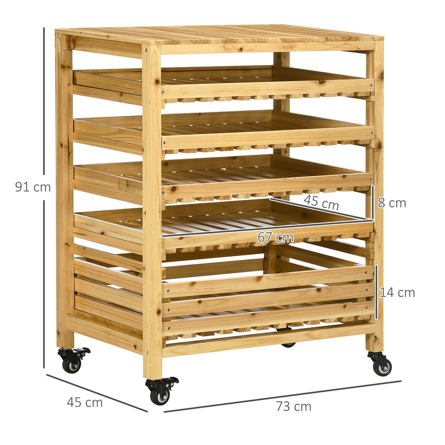 Förvaringsvagn för frukt och grönsaker med hjul, 5 hyllor, granträ