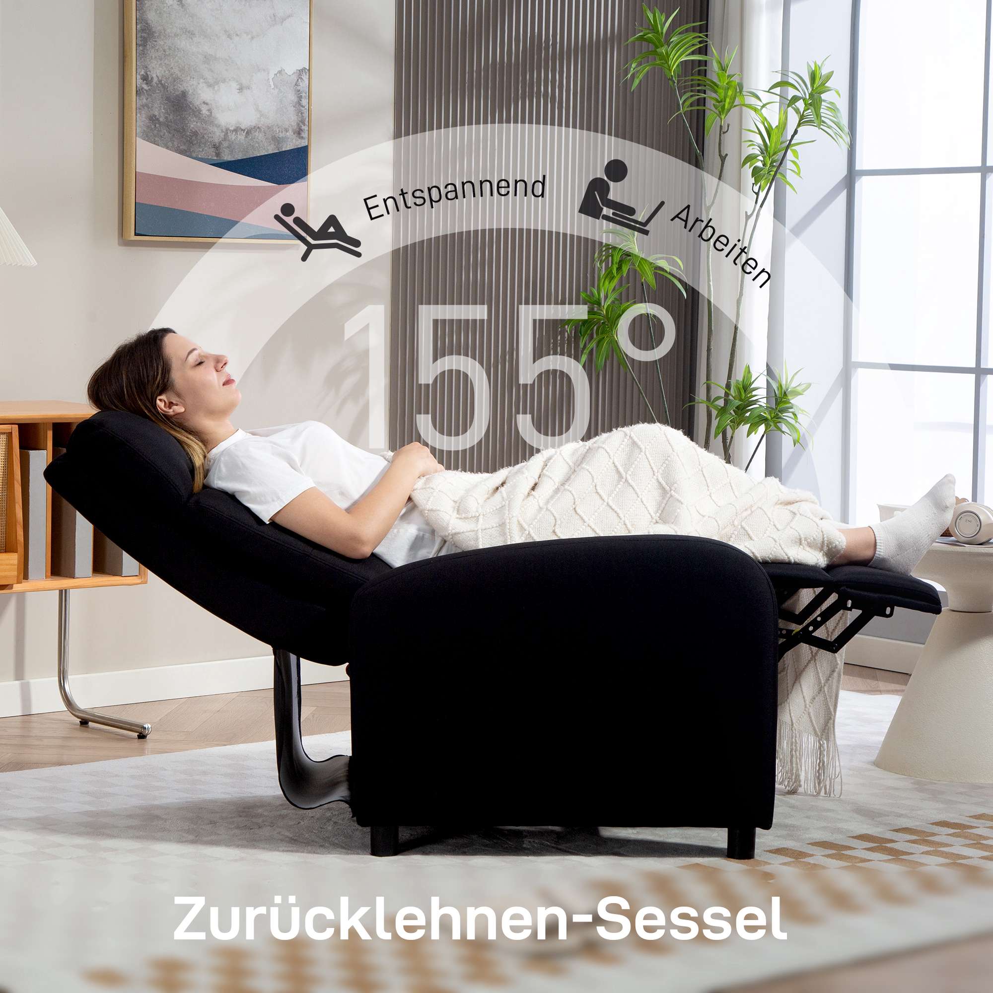 Fåtölj med linneliknande tyg, svart, justerbar till 155º