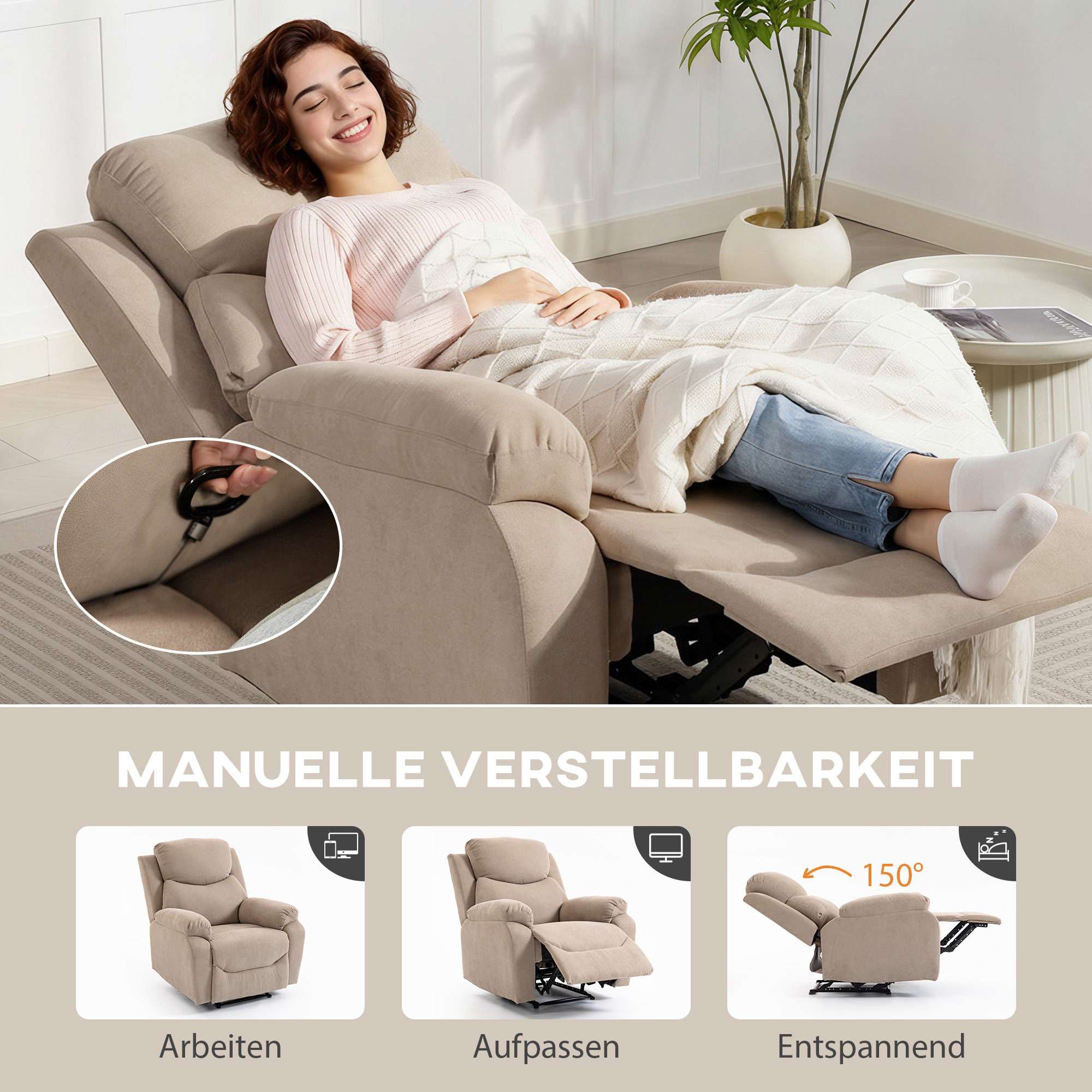 Fåtölj med manuell lutning, linneutseende, beige