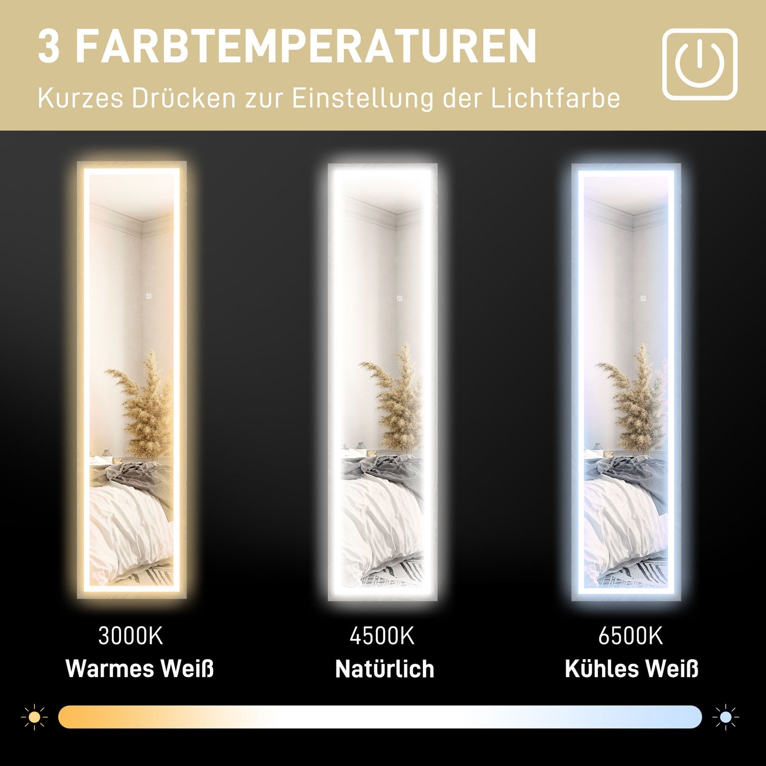 Fullängds LED-spegel, 40x160 cm, Touch Control, Dimbar