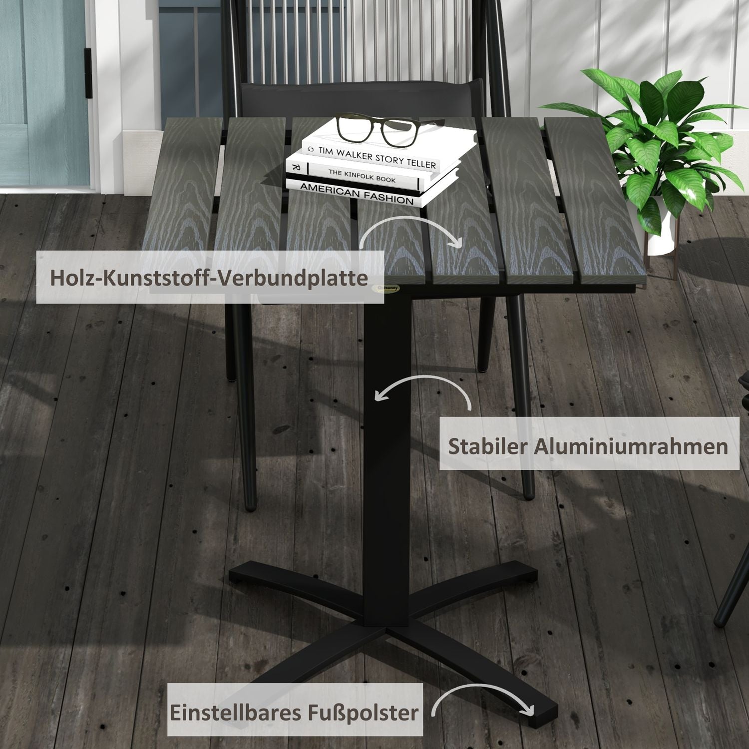 Čtvercový jídelní stůl na balkon, vzhled dřeva, hliníkově šedý