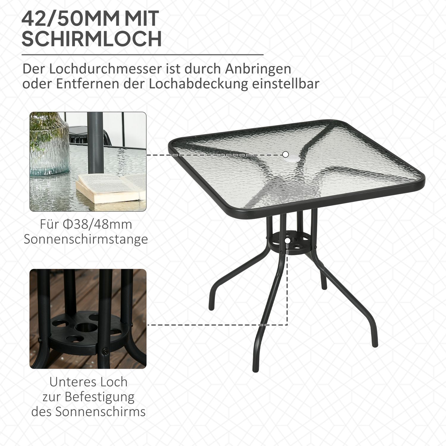 Čtvercový kovový zahradní stůl, 76 × 76 cm, odolný proti povětrnostním vlivům, černý