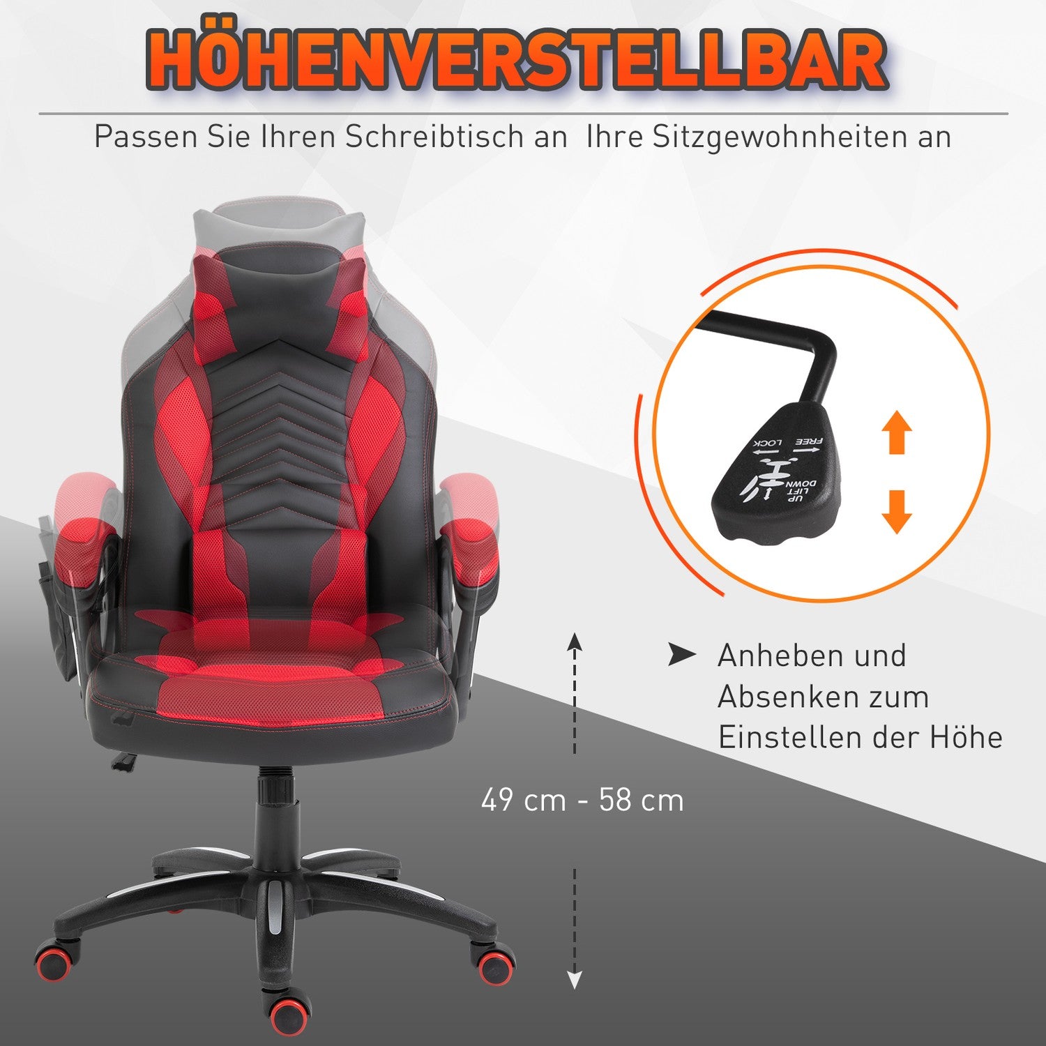 Gamingstol med värme och massage, röd PU, justerbar