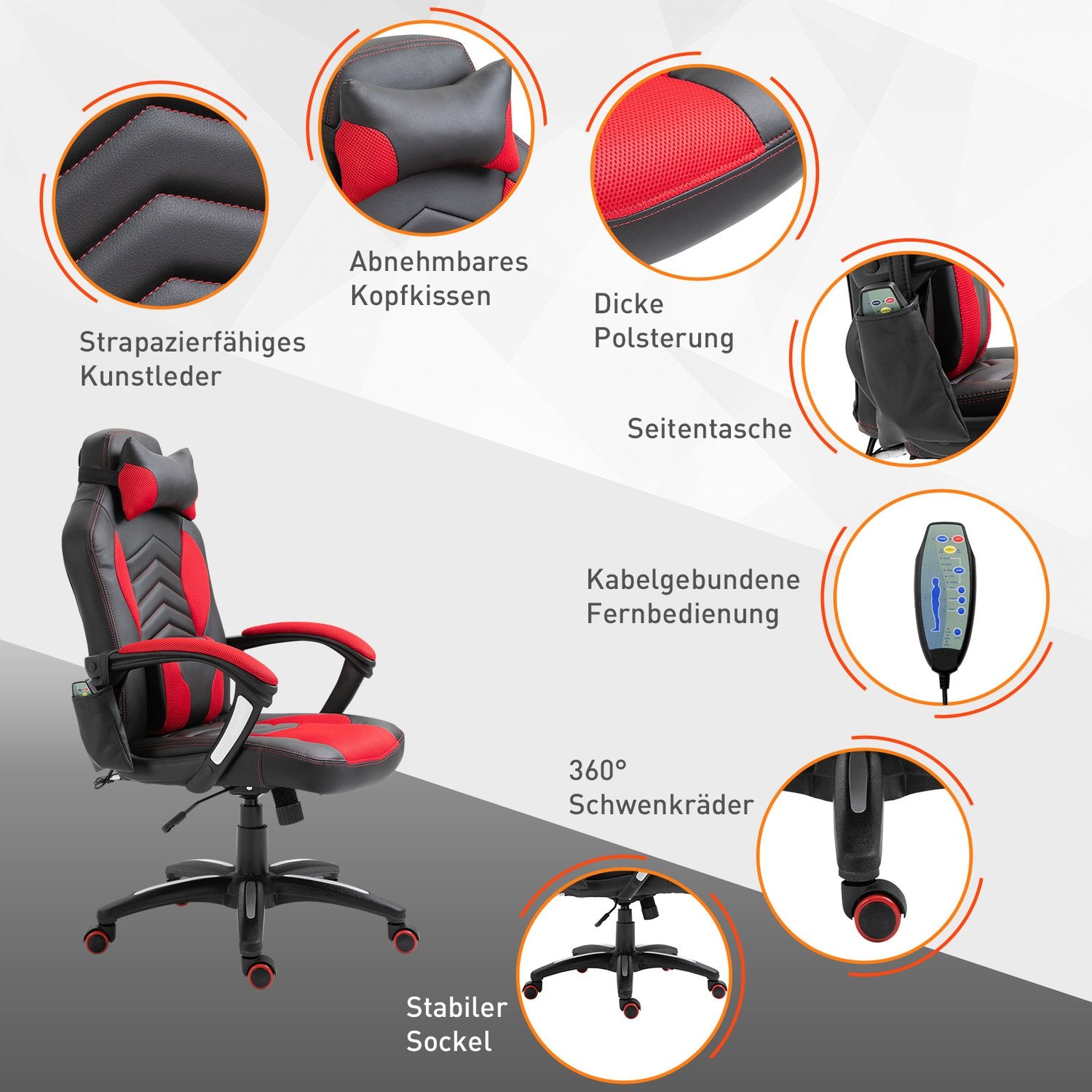 Gamingstol med värme och massage, röd PU, justerbar