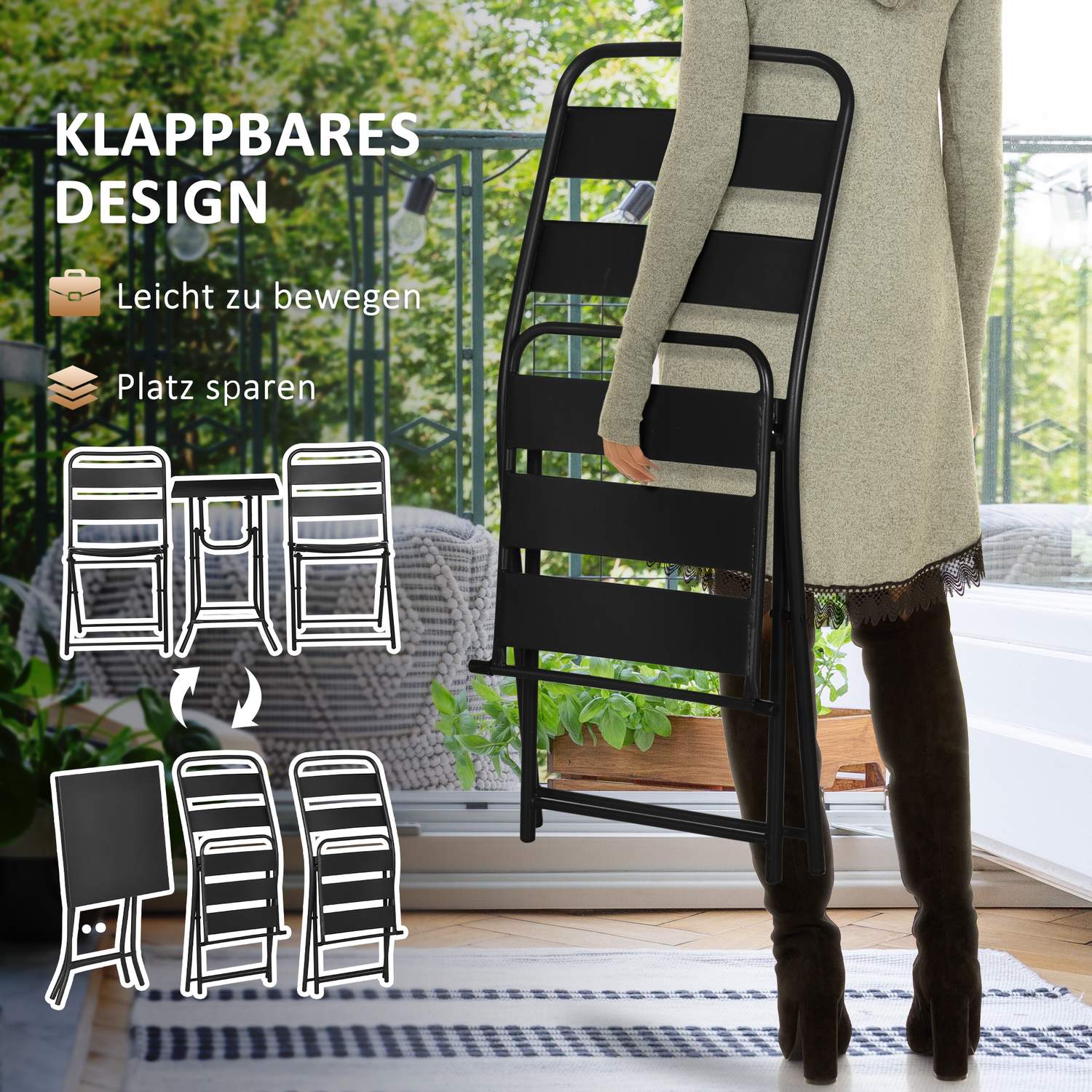 Garden Bistro Set – 1 bord och 2 stolar, stål, svart