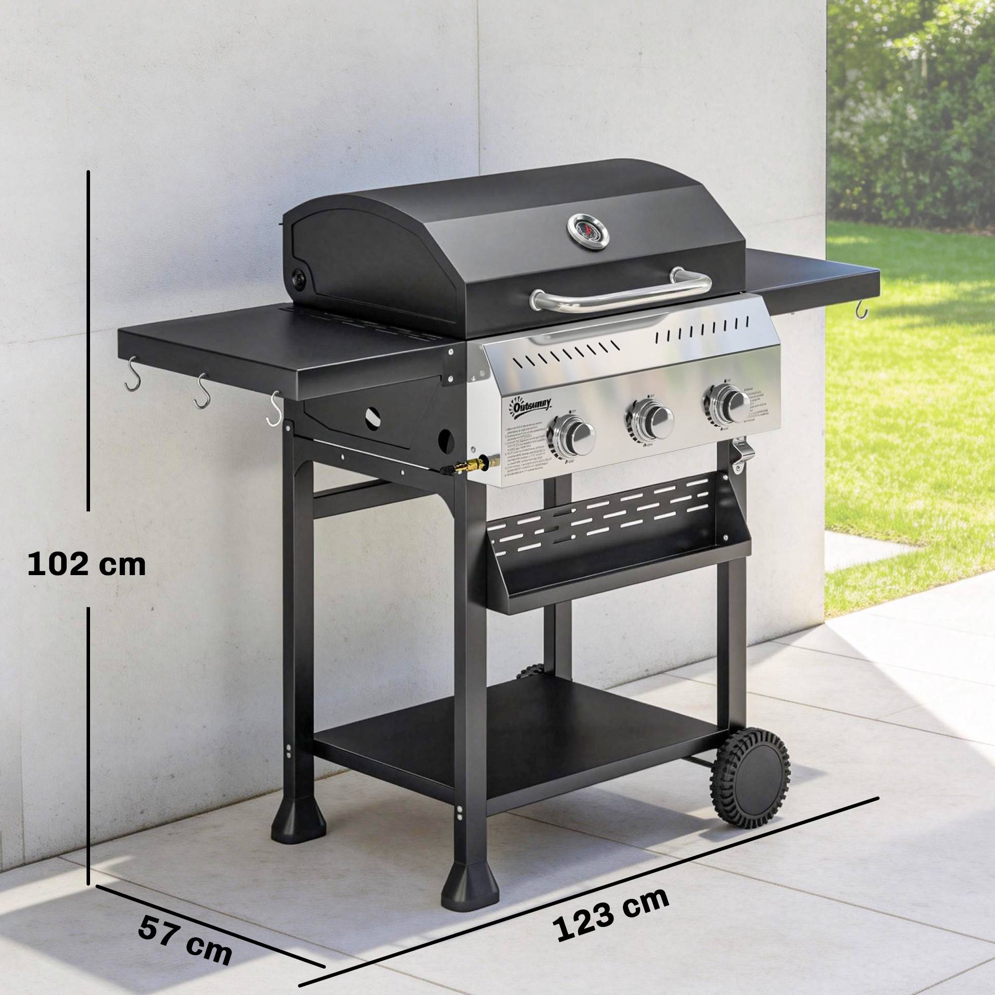 Gasgrill 9kW, 3 brännare, rostfritt stål, fällbara hyllor