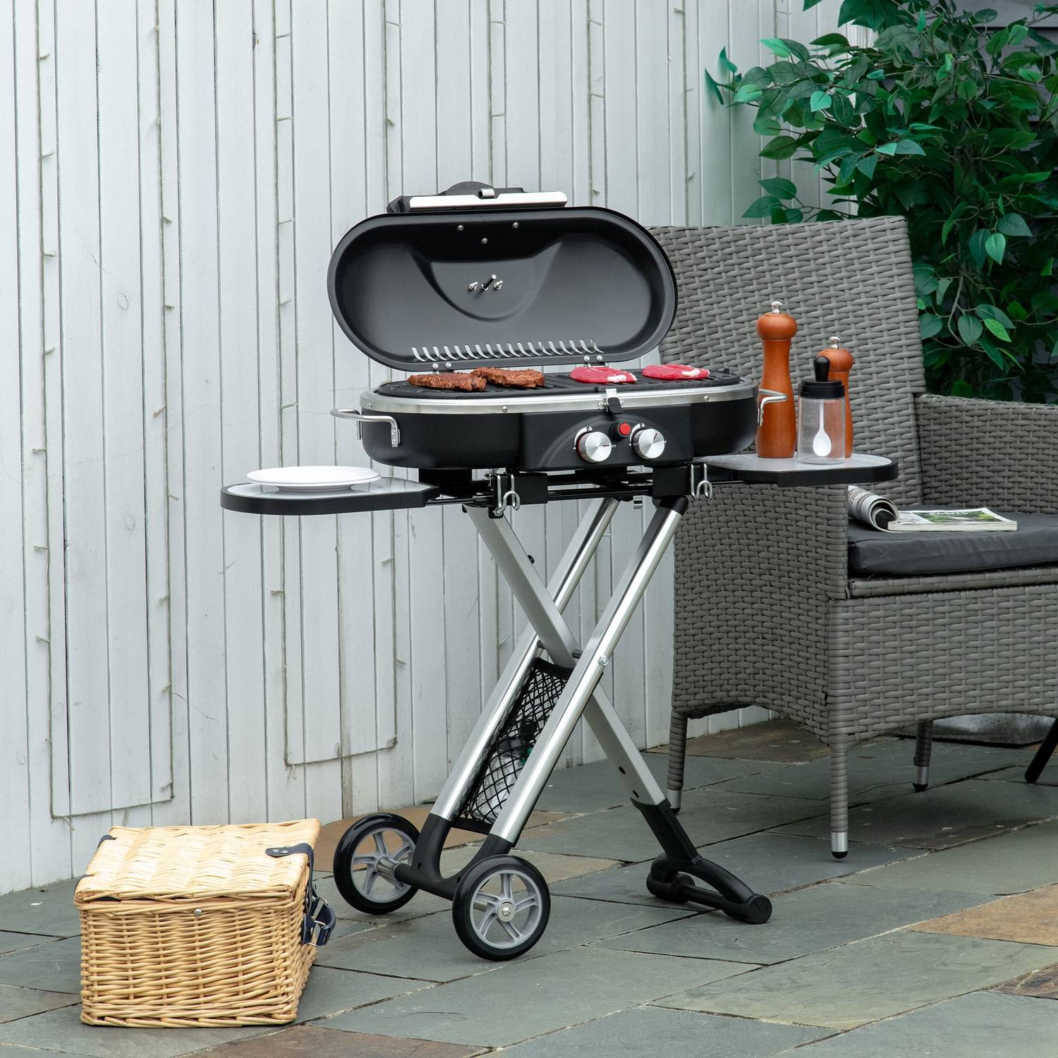 Plynový gril BBQ Cart, skládací, se 2 hořáky, z nerezové oceli
