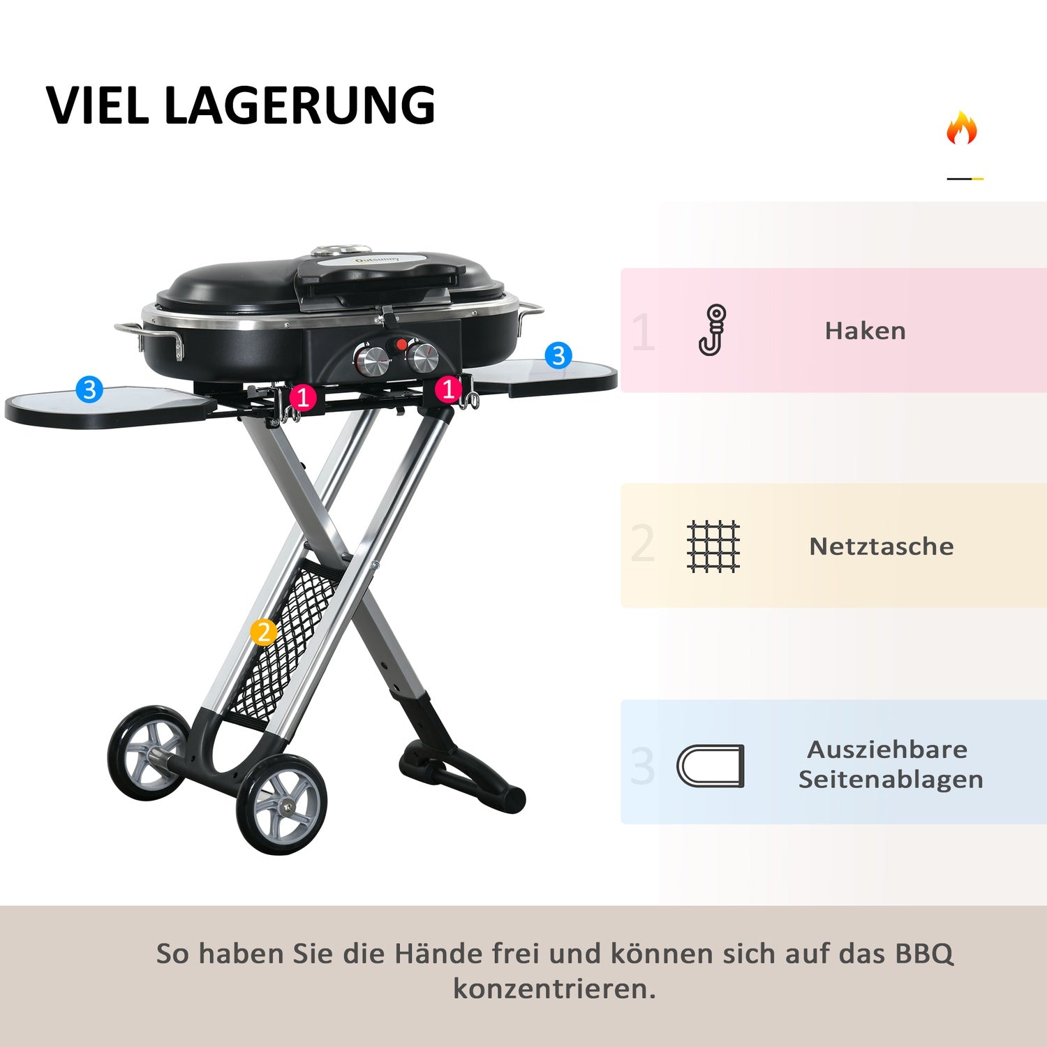 Plynový gril BBQ Cart, skládací, se 2 hořáky, z nerezové oceli