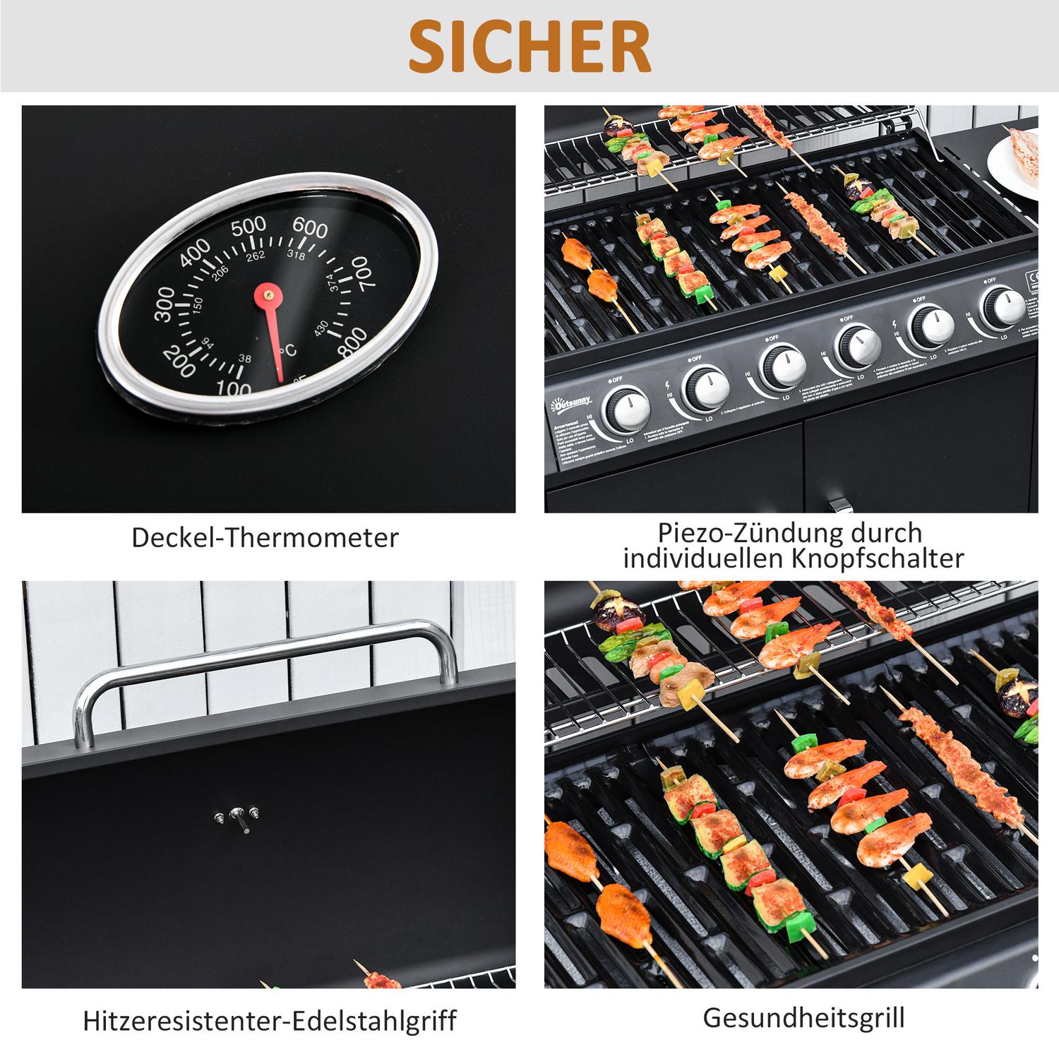 Gasgrill med 6 brännare, sidobrännare, förvaringsskåp