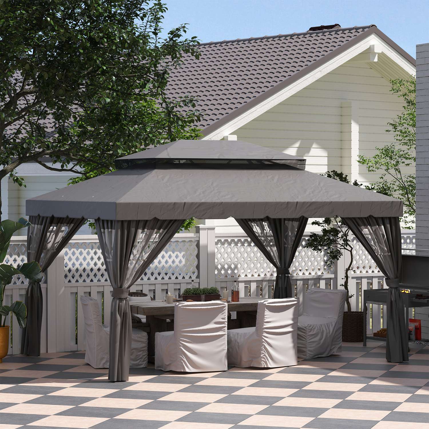 Gazebo sidopaneler, 4 mörkgrå polyesterväggar, 3x4m