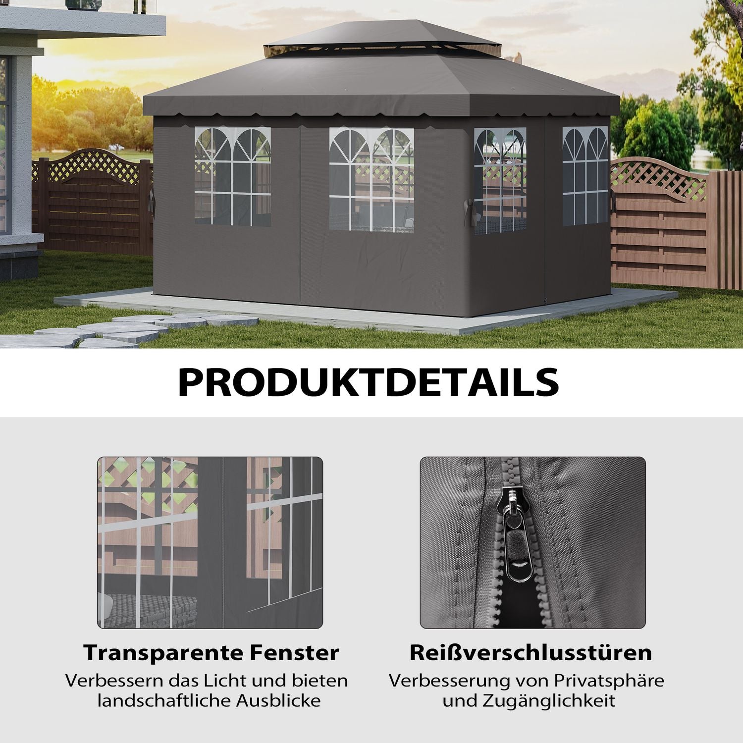 Gazebo sidopaneler, 4 mörkgrå polyesterväggar, 3x4m