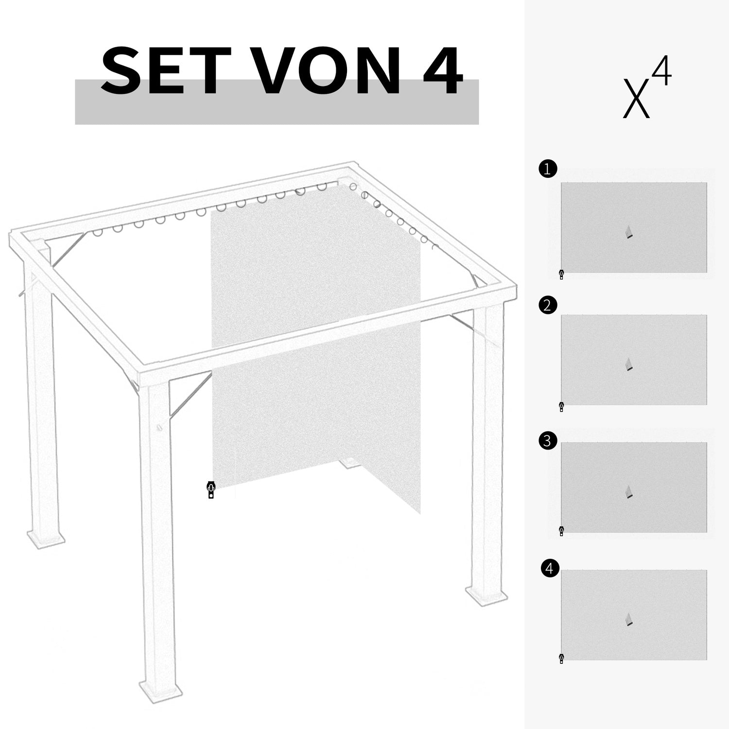 Boční panely k altánu, světle šedý polyester, 3 × 4 m, sada 4 kusů