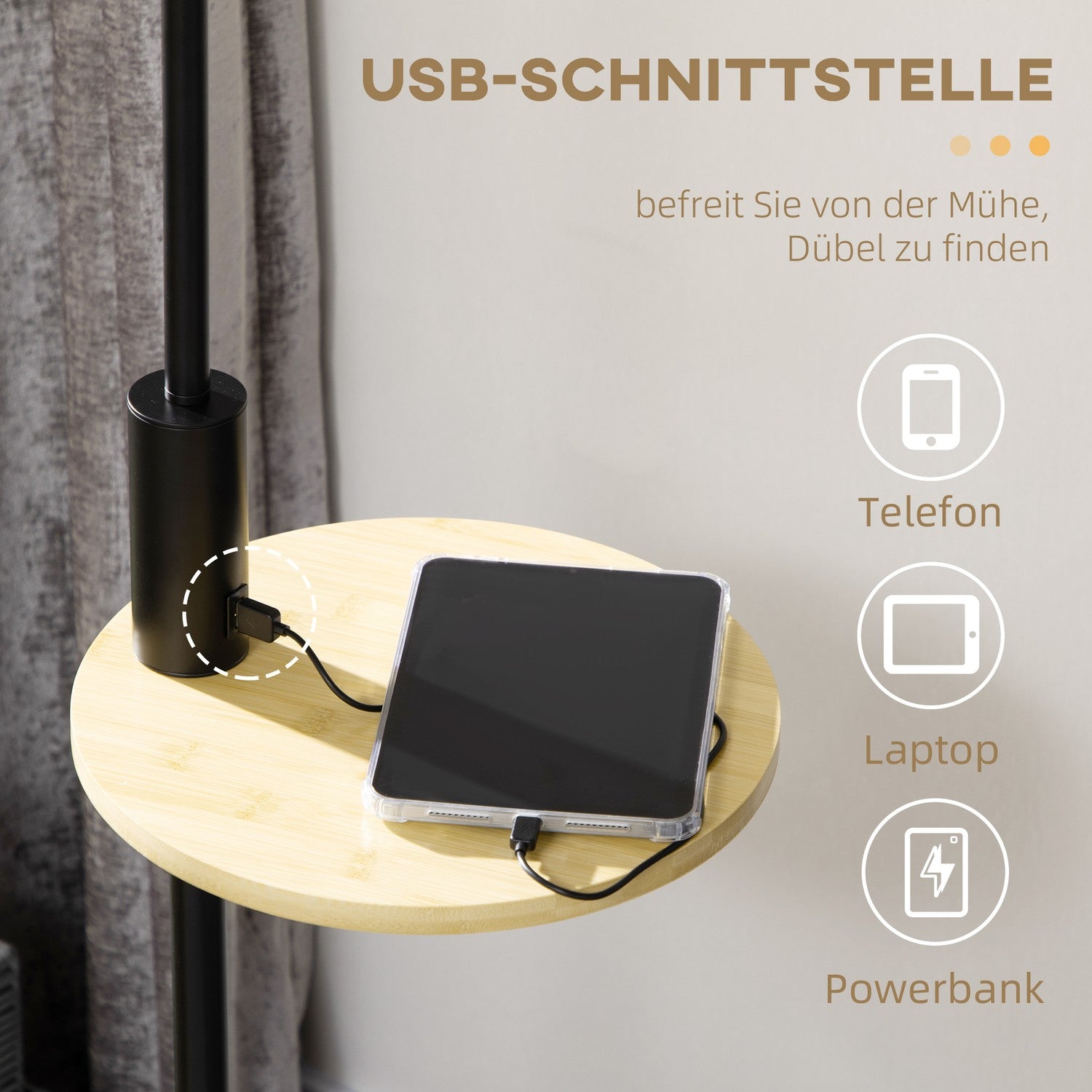 Golvlampa med hylla & USB-port, stål, kräm, 40W