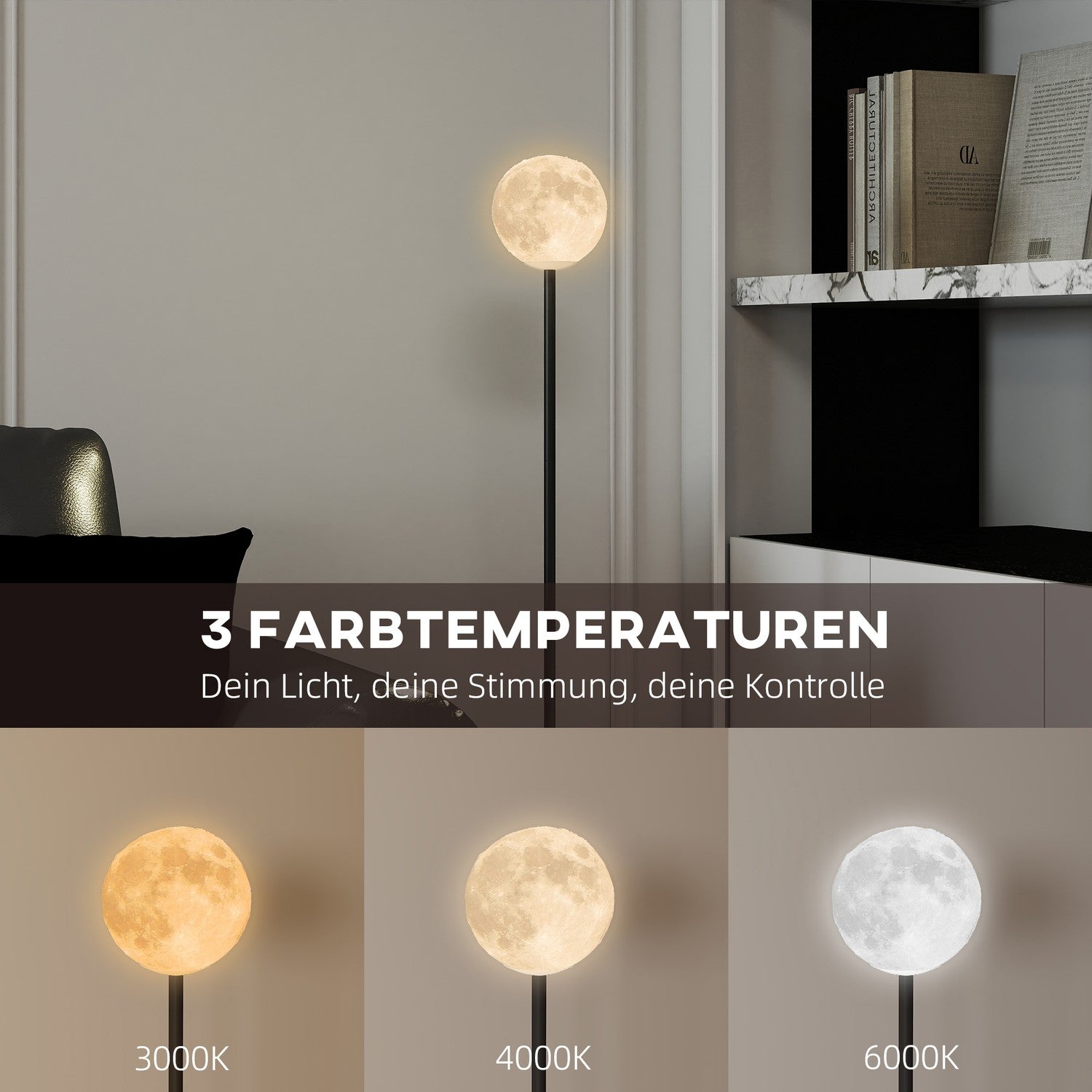 Golvlampa med månskydd, fotkontakt, 3 färgtemp