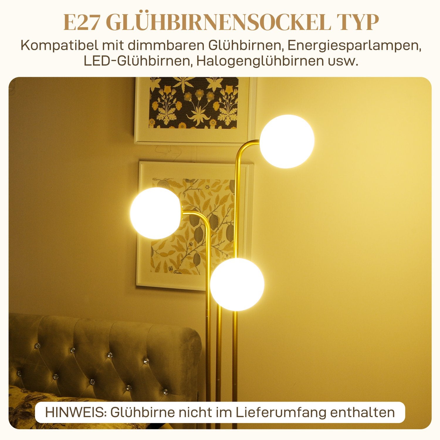 Stojací lampa s otočnými stínidly – 120W, zlatá, 1,65m