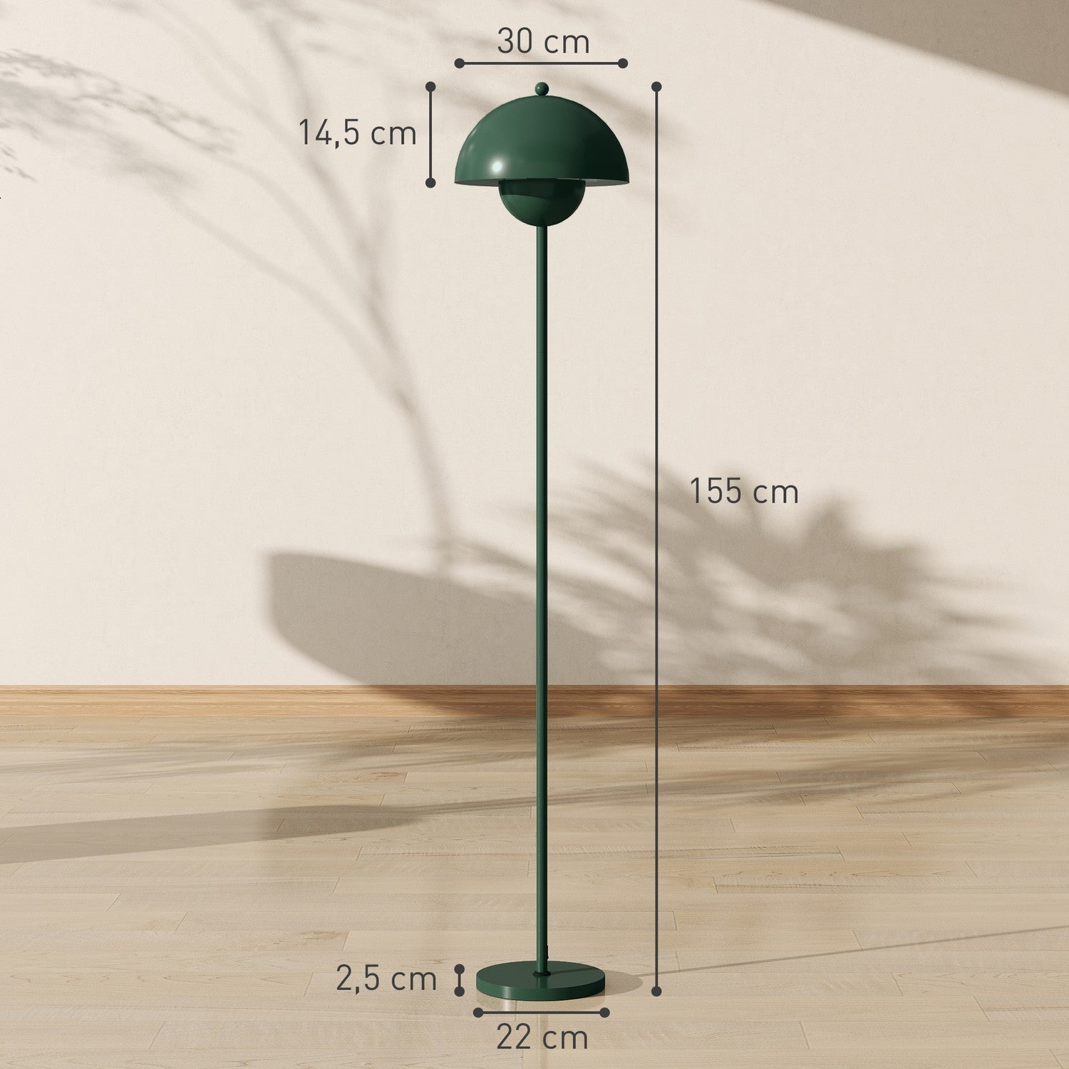 Golvlampa med rund skärm, fotkontakt, lång kabel, grön