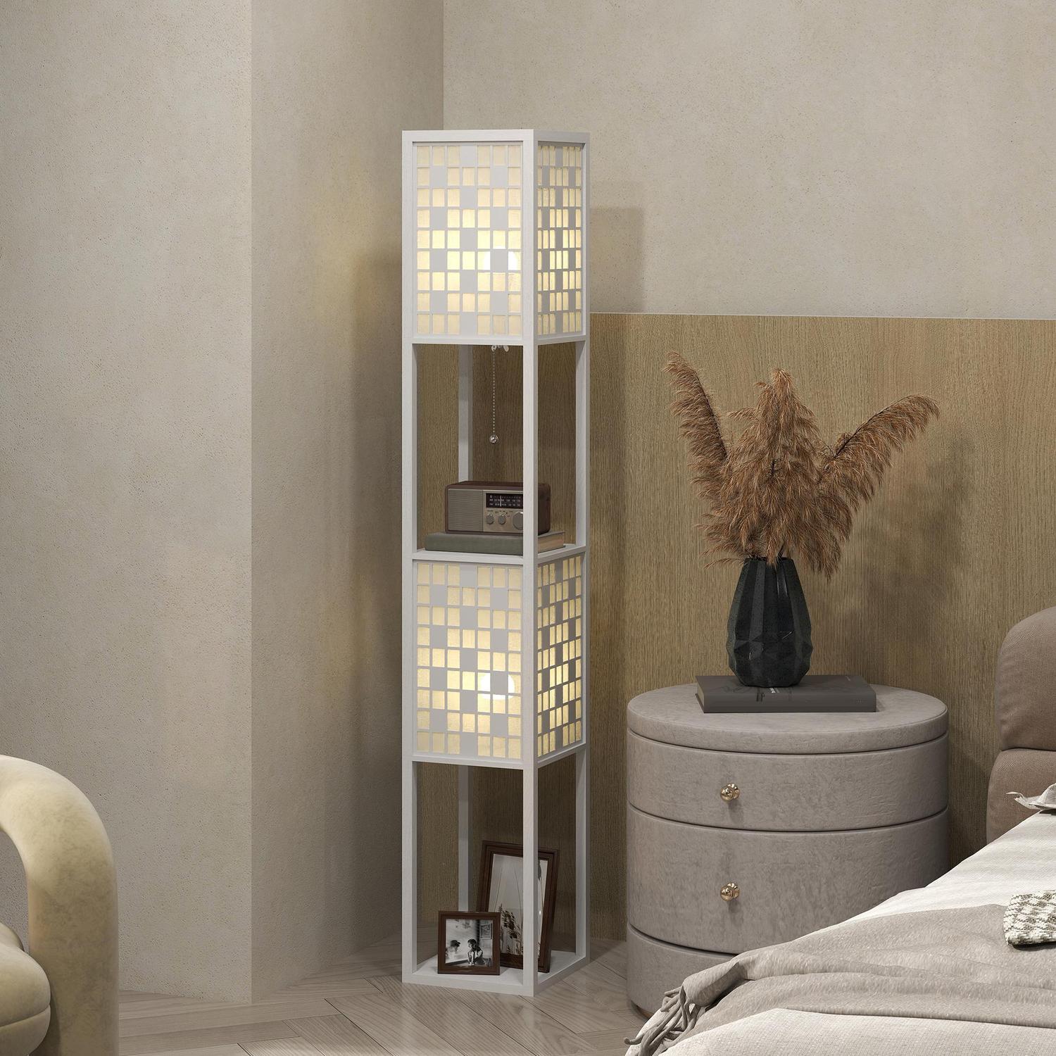Golvlampa, rutmönster, 2-vånings hyllor, för olika glödlampor, vit
