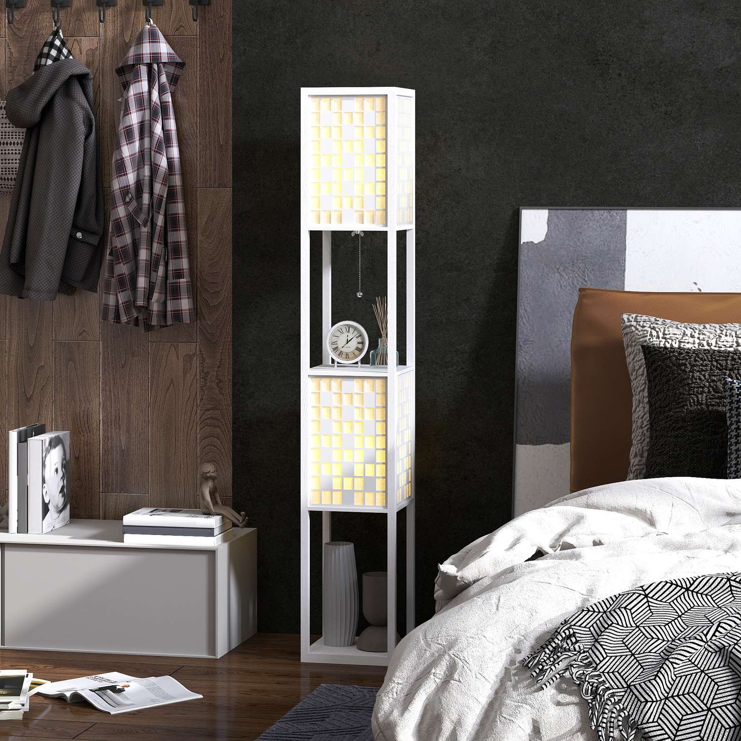 Golvlampa, rutmönster, 2-vånings hyllor, för olika glödlampor, vit