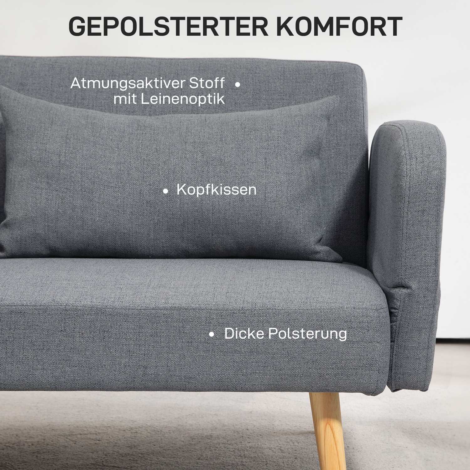 Grå 3-sits bäddsoffa, justerbar rygg, linnelook
