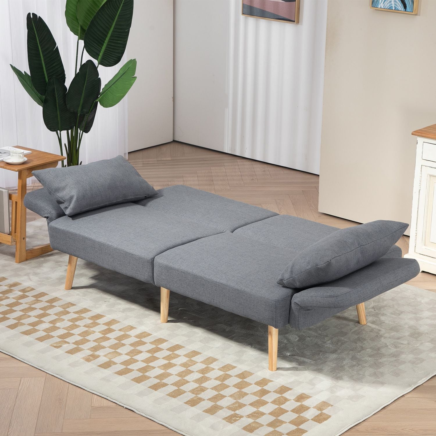 Grå 3-sits bäddsoffa, justerbar rygg, linnelook