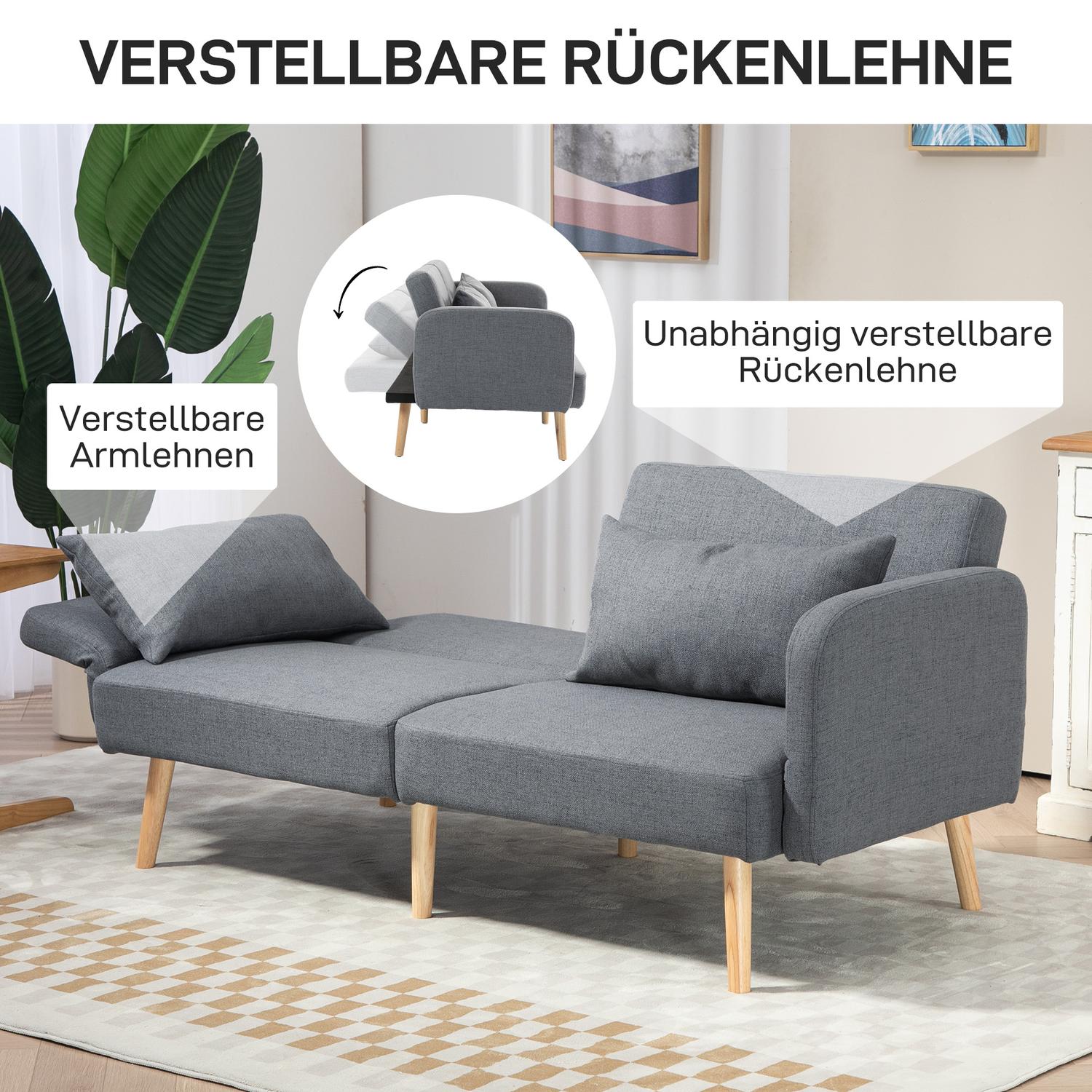 Grå 3-sits bäddsoffa, justerbar rygg, linnelook