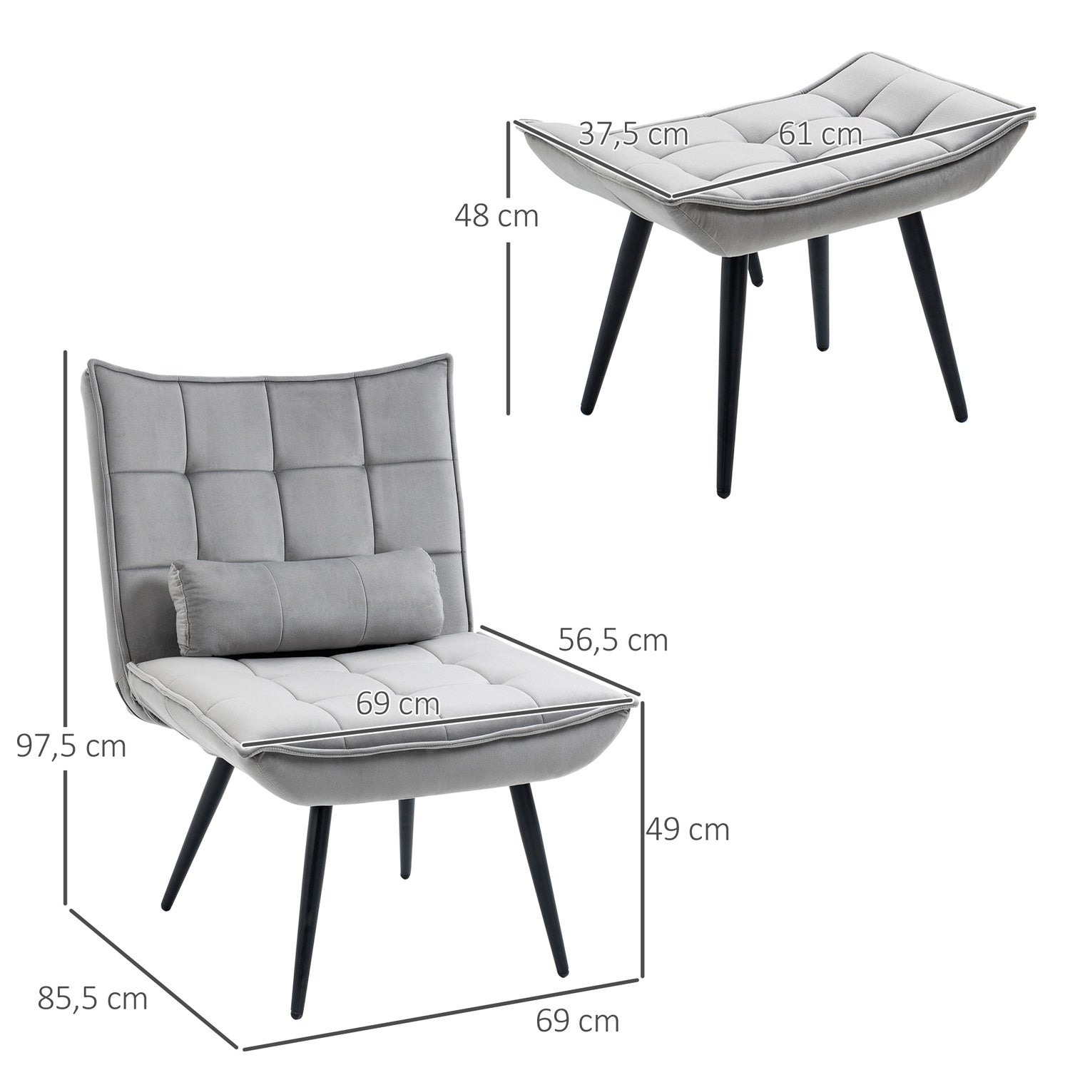 Grå Relax Stol & Ottoman Set, Sammetsklädsel, bekväma kuddar
