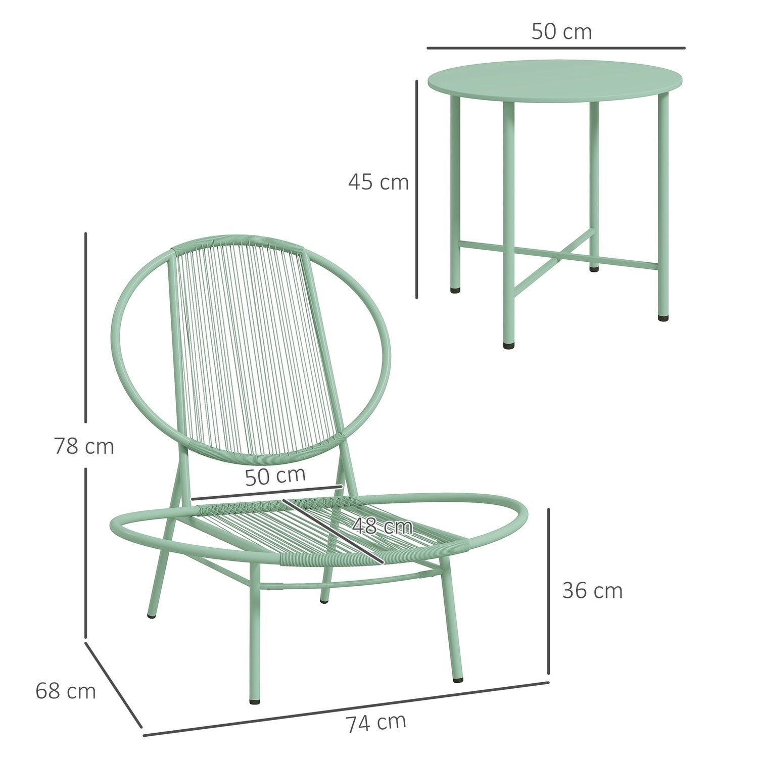 Zelená ocelová bistro sada – židle odolné vůči povětrnostním vlivům a ergonomické