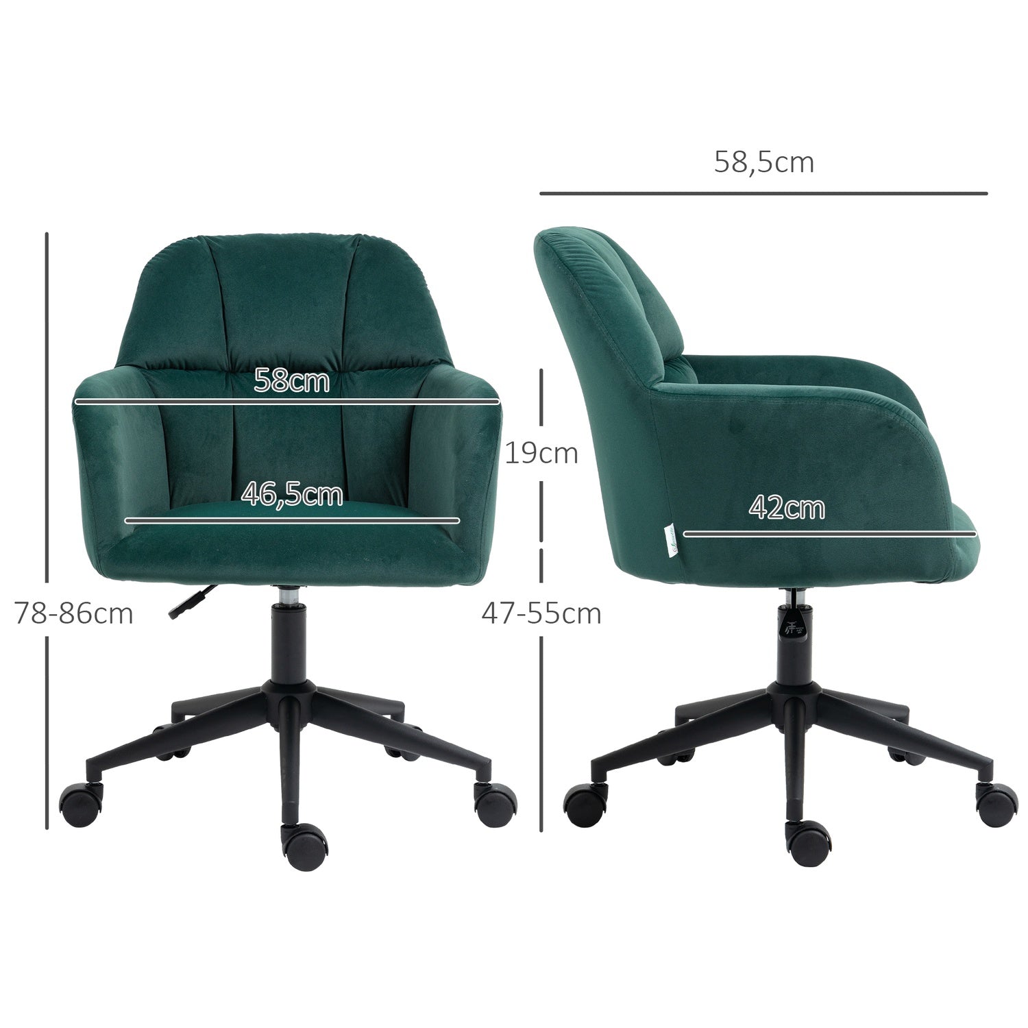 Green Velvet Look Swivel Office Stol, Justerbar Med Armstöd