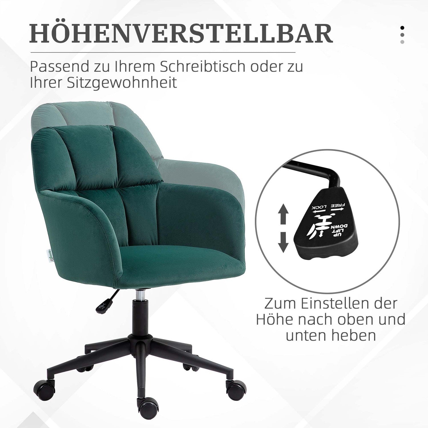 Green Velvet Look Swivel Office Stol, Justerbar Med Armstöd