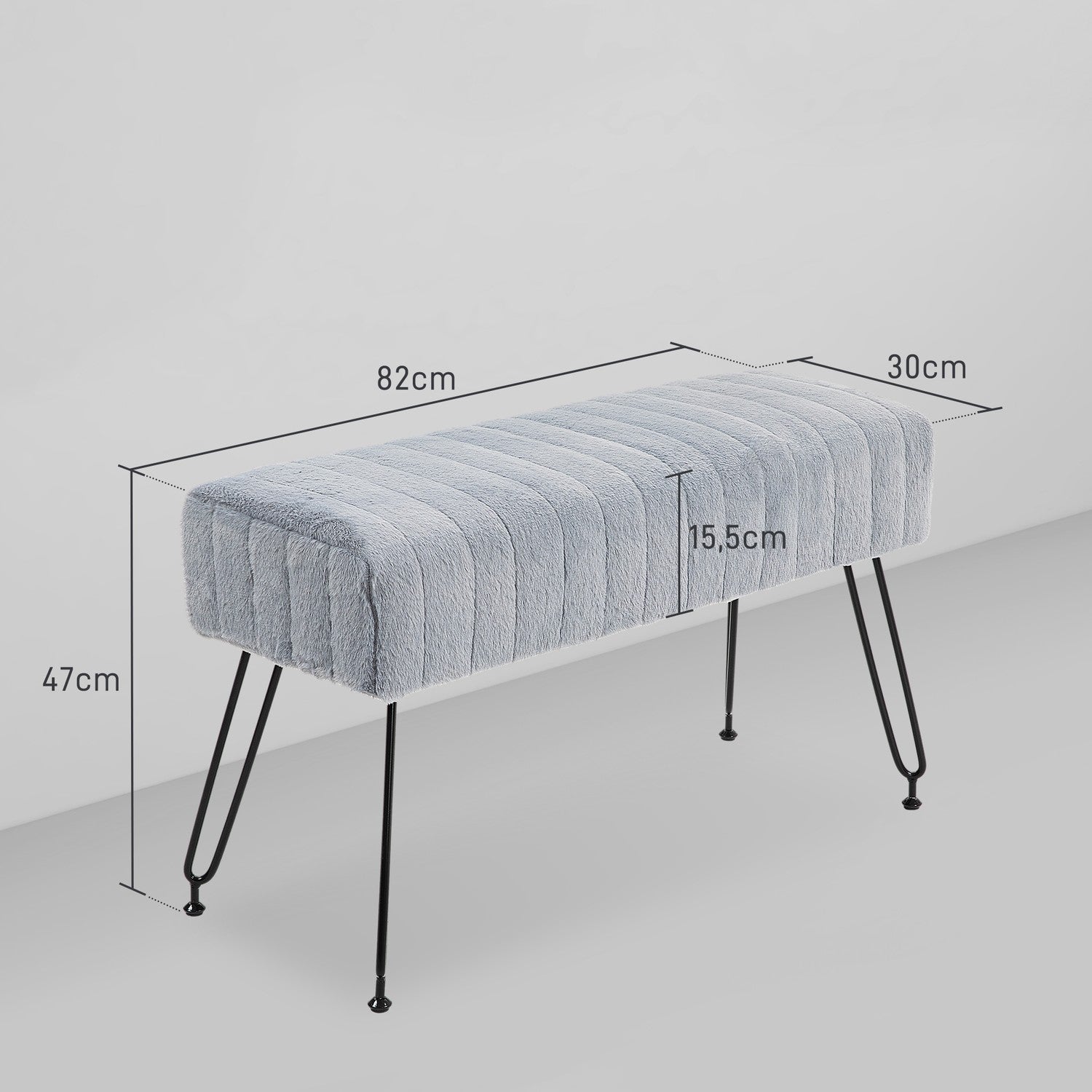 Lavička s šedým čalouněním z umělé kožešiny a kovovými nohami – 82 x 30 x 47 cm