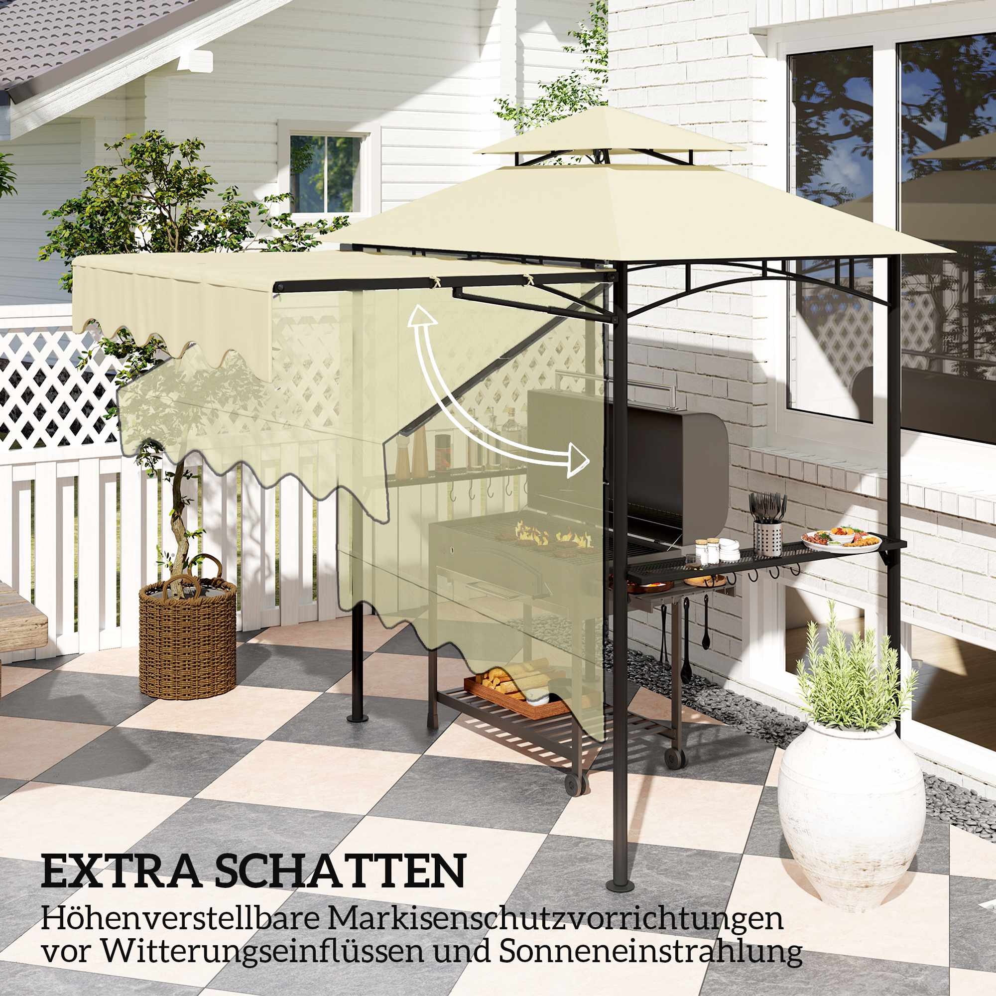 Grillpaviljong med justerbar markis och hyllor