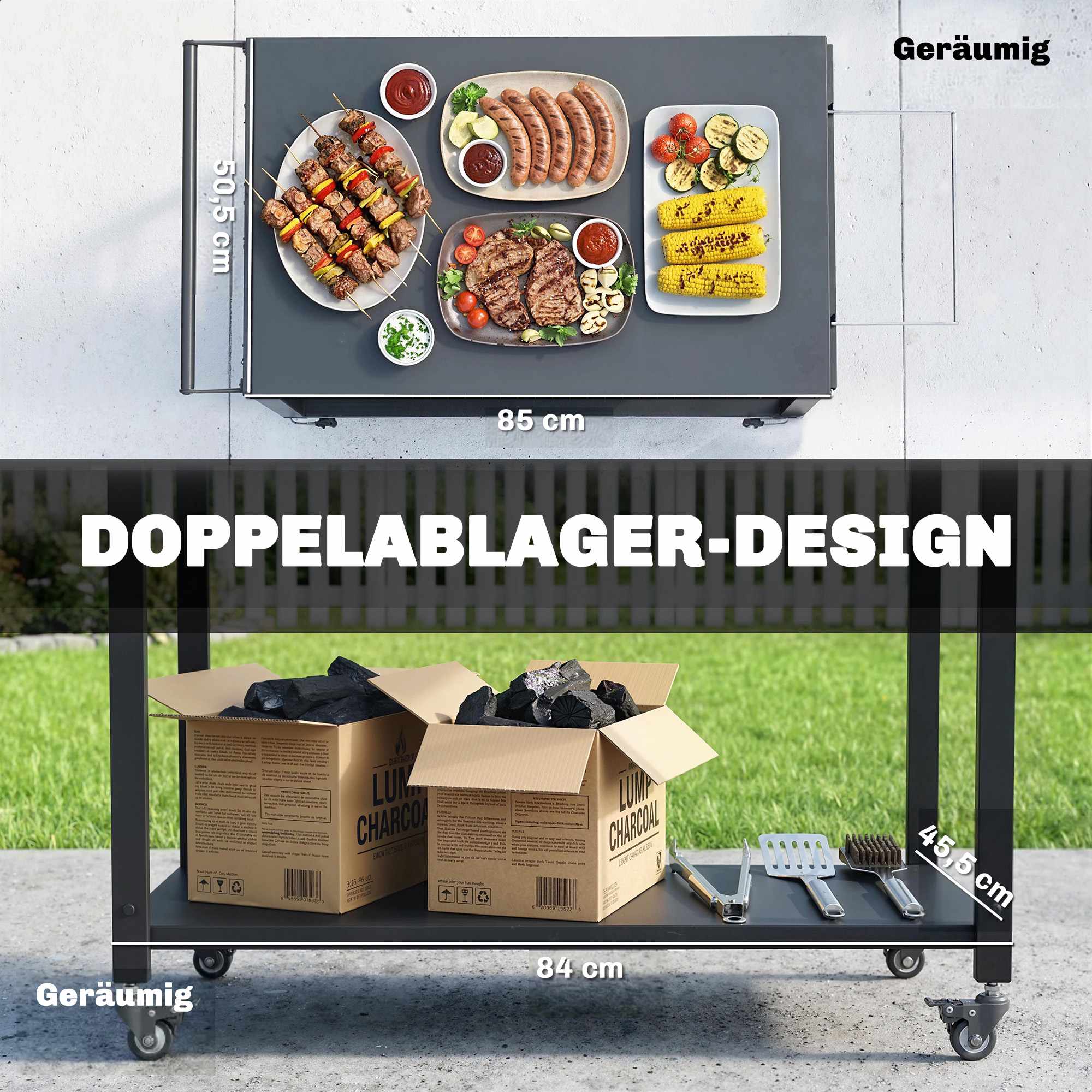 Grillvagn med hjul, 2 nivåer, svart, 113x50,5x88 cm