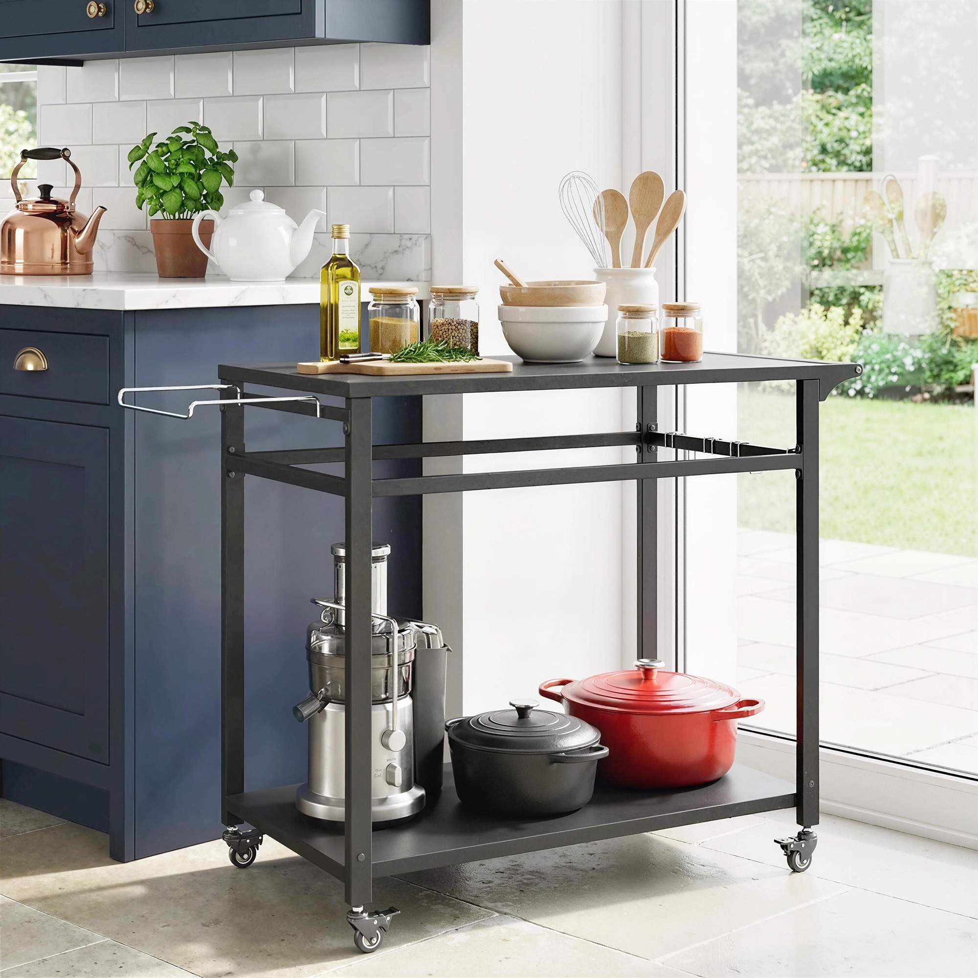 Grillvagn med hjul, 2 nivåer, svart, 113x50,5x88 cm