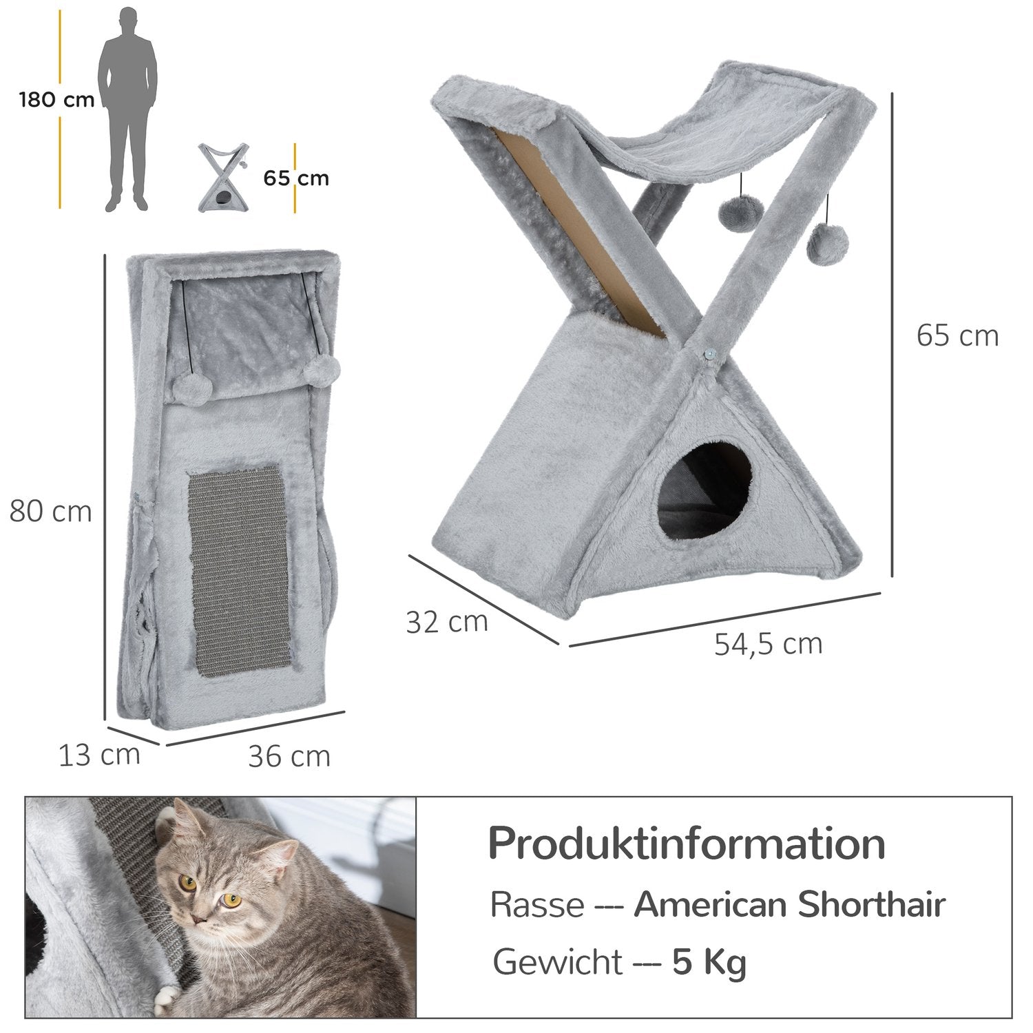 Grå katttorn med hängmatta och grotta, sisal och plysch