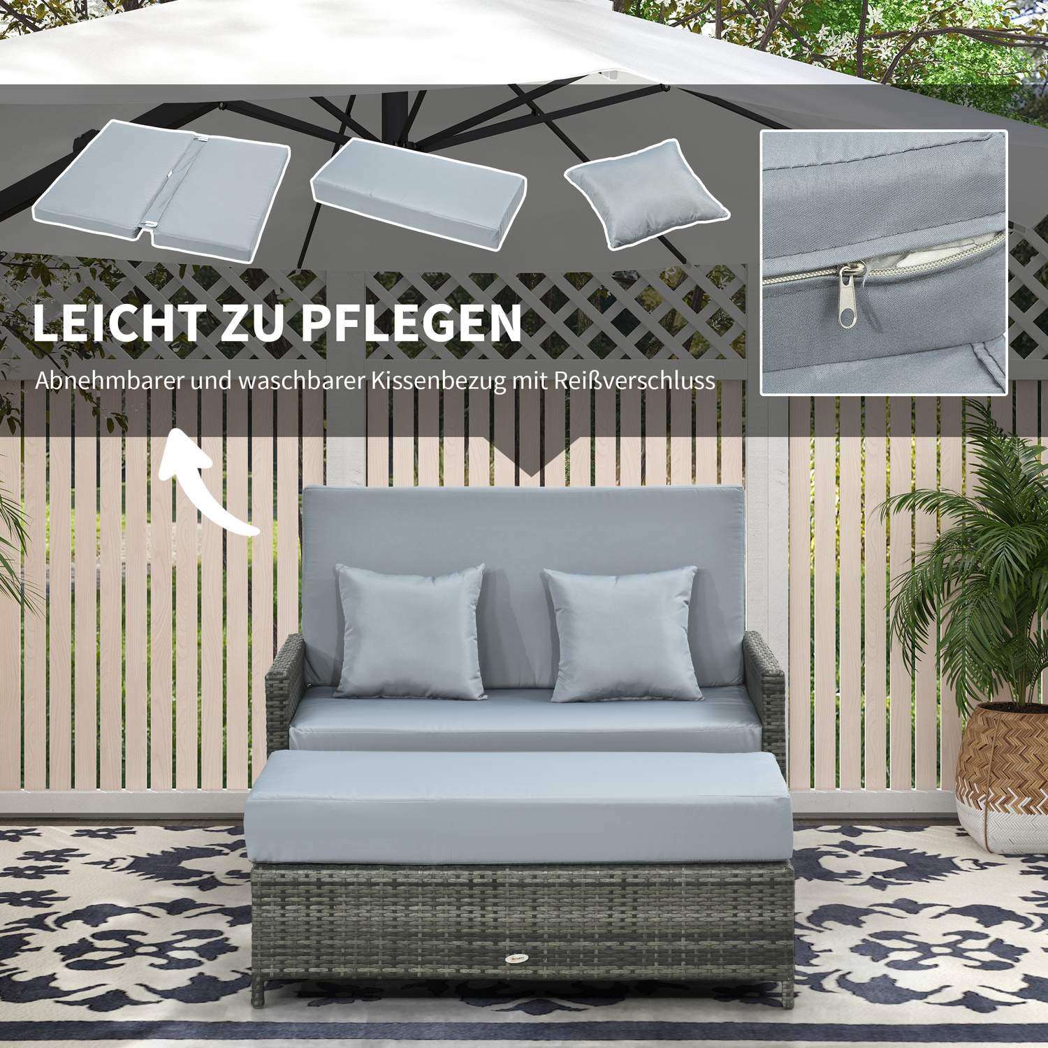 Grå polyrattan 2-sits trädgårdssoffa med dyna och pall