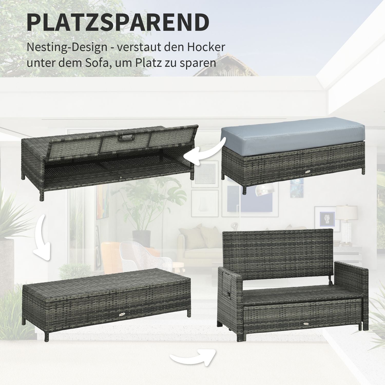 Grå polyrattan 2-sits trädgårdssoffa med dyna och pall