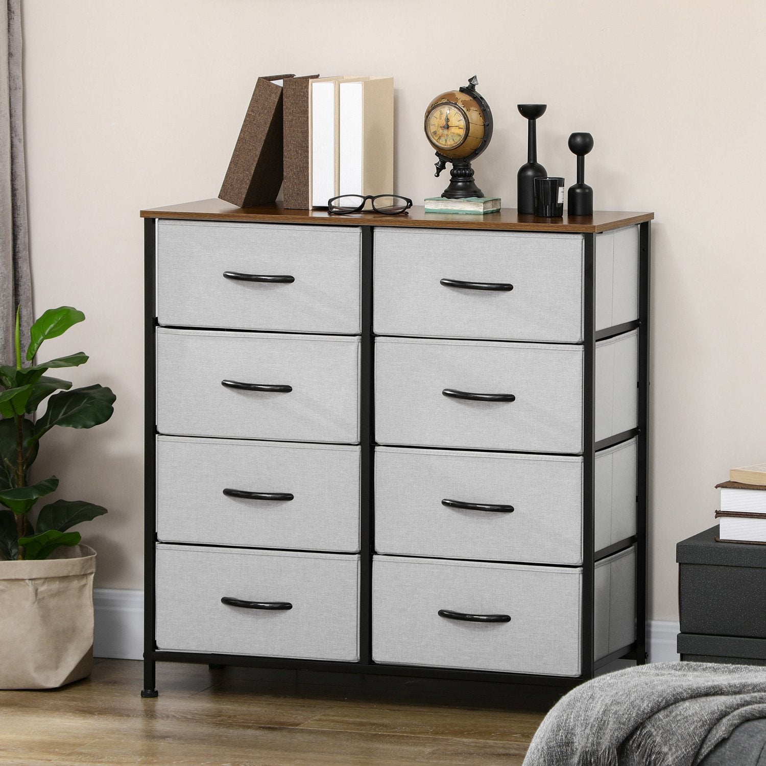 Šedá komoda s 8 látkovými boxy a deskou