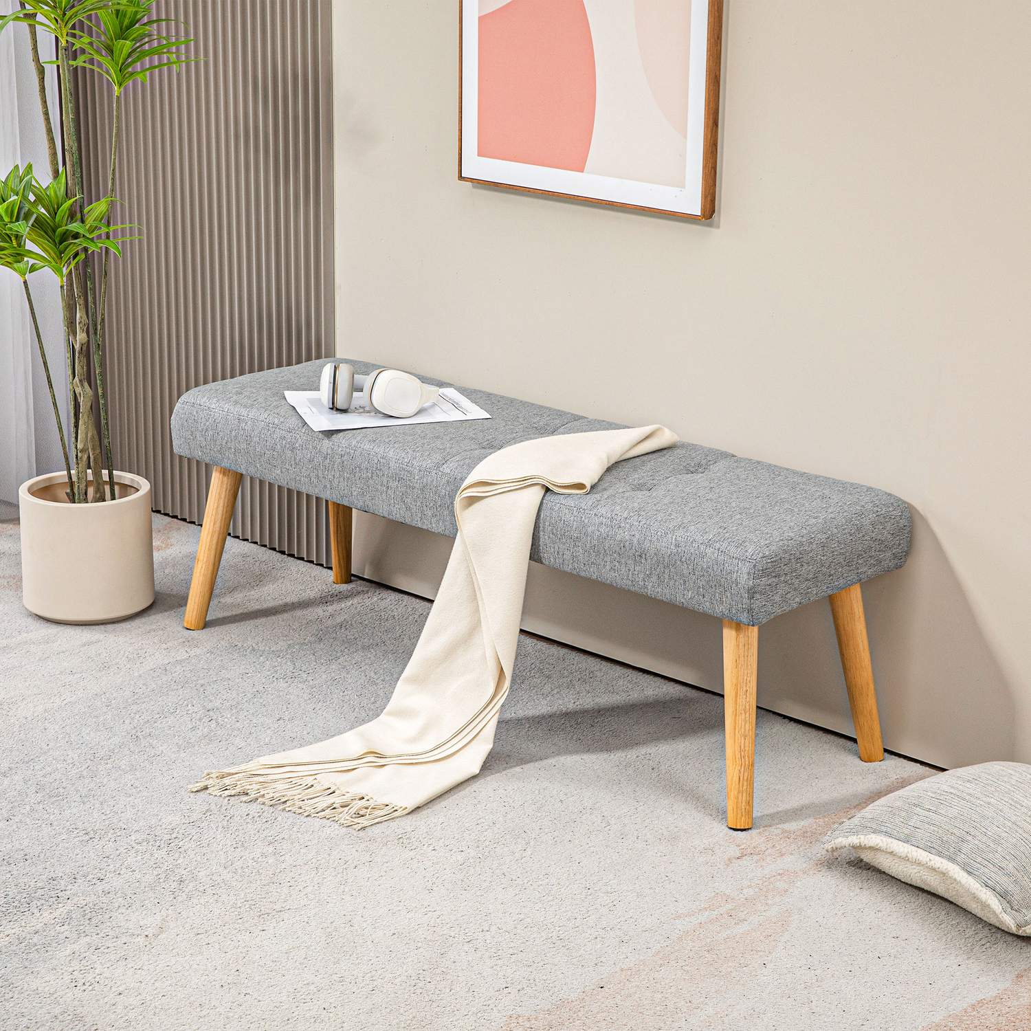 Grå stoppad bänk med knappsömmar, 120x41x43 cm