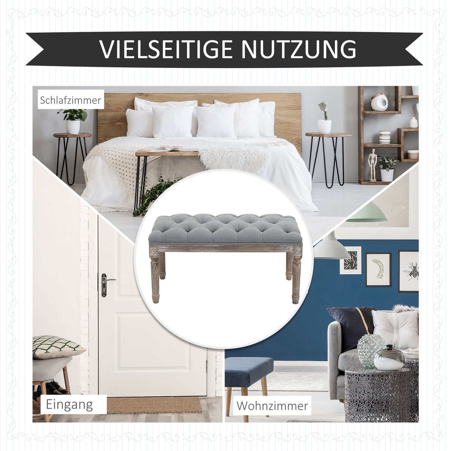 Grå stoppad bänk - vintagestil med knappdetalj
