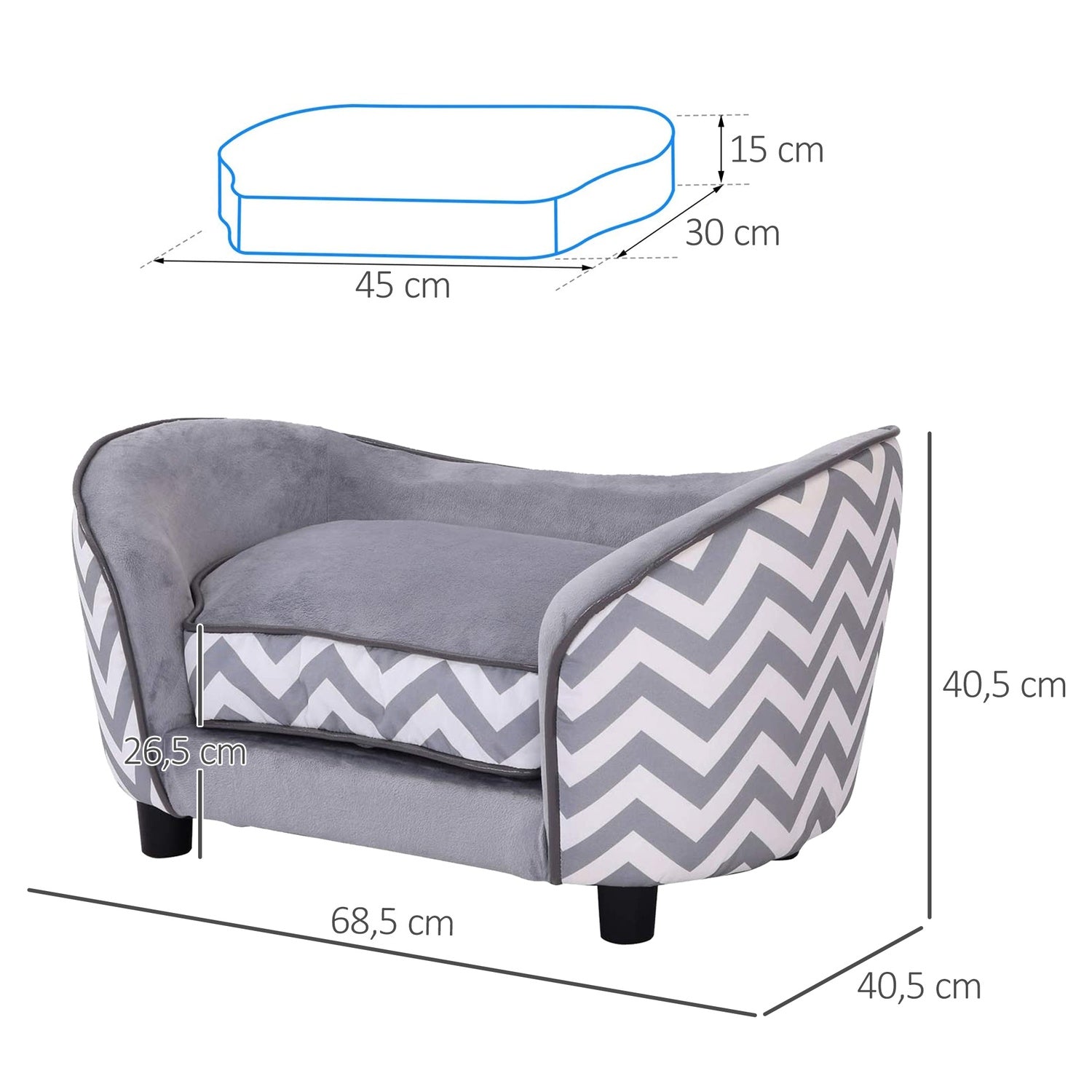 Grå vadderad bäddsoffa för husdjur – skum, trä, 68,5x40,5 cm