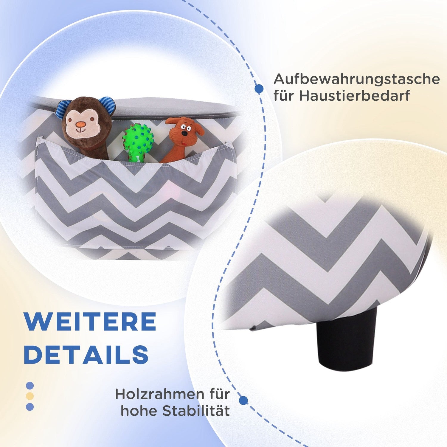 Grå vadderad bäddsoffa för husdjur – skum, trä, 68,5x40,5 cm