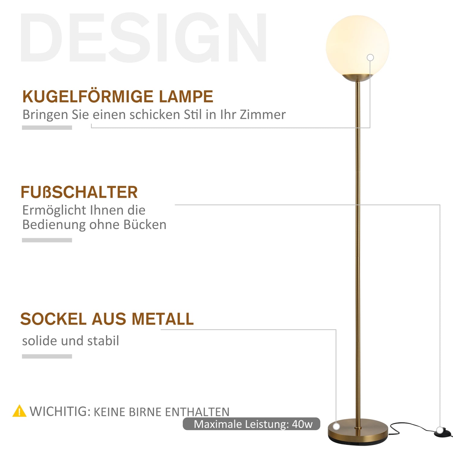 Guldmetall golvlampa med glas – 25x25x171cm