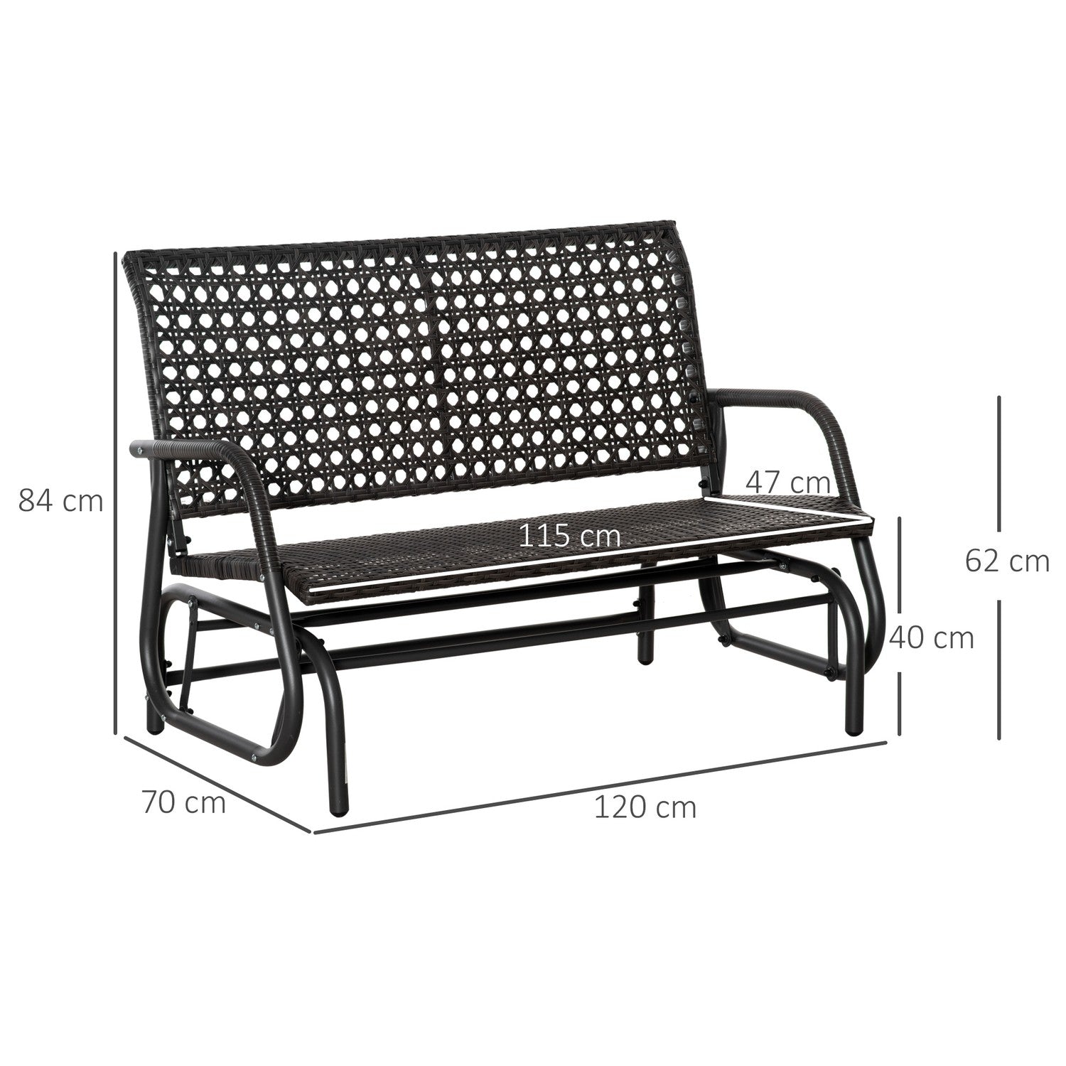Gungbänk i polyrattan utomhus, 2-sits, grå, 70x120x84 cm