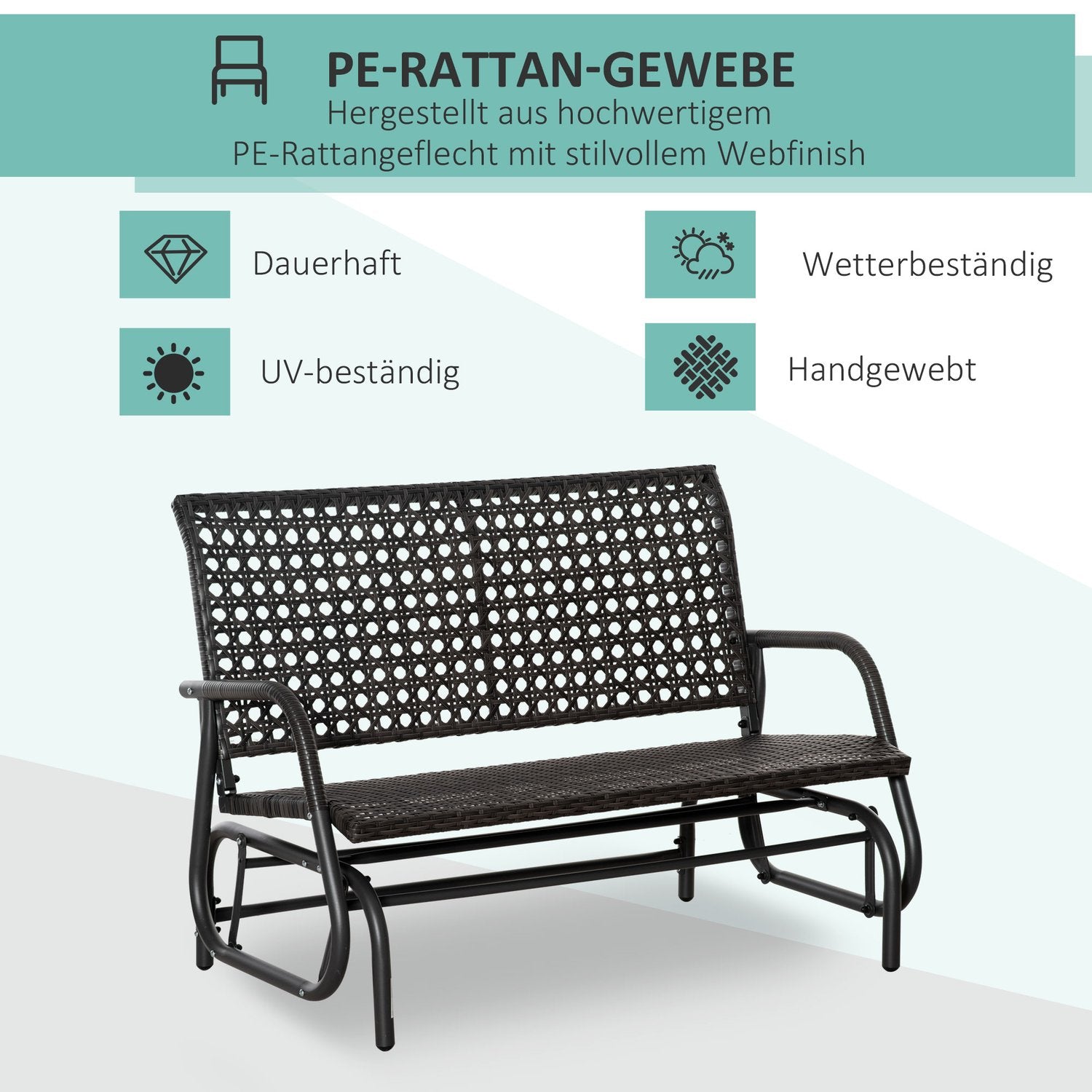 Gungbänk i polyrattan utomhus, 2-sits, grå, 70x120x84 cm