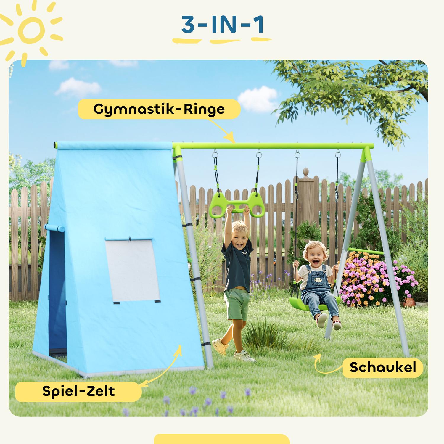 Gungställning utomhus med tält, gunga & ringar - grön