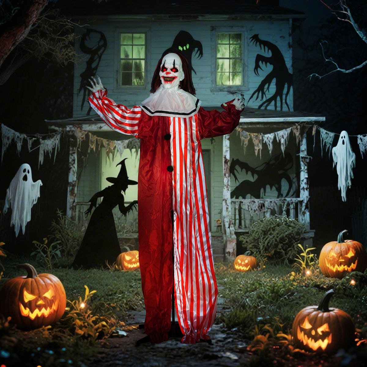 Halloweenská dekorace klaun, 165 cm, LED světla, zvukové efekty